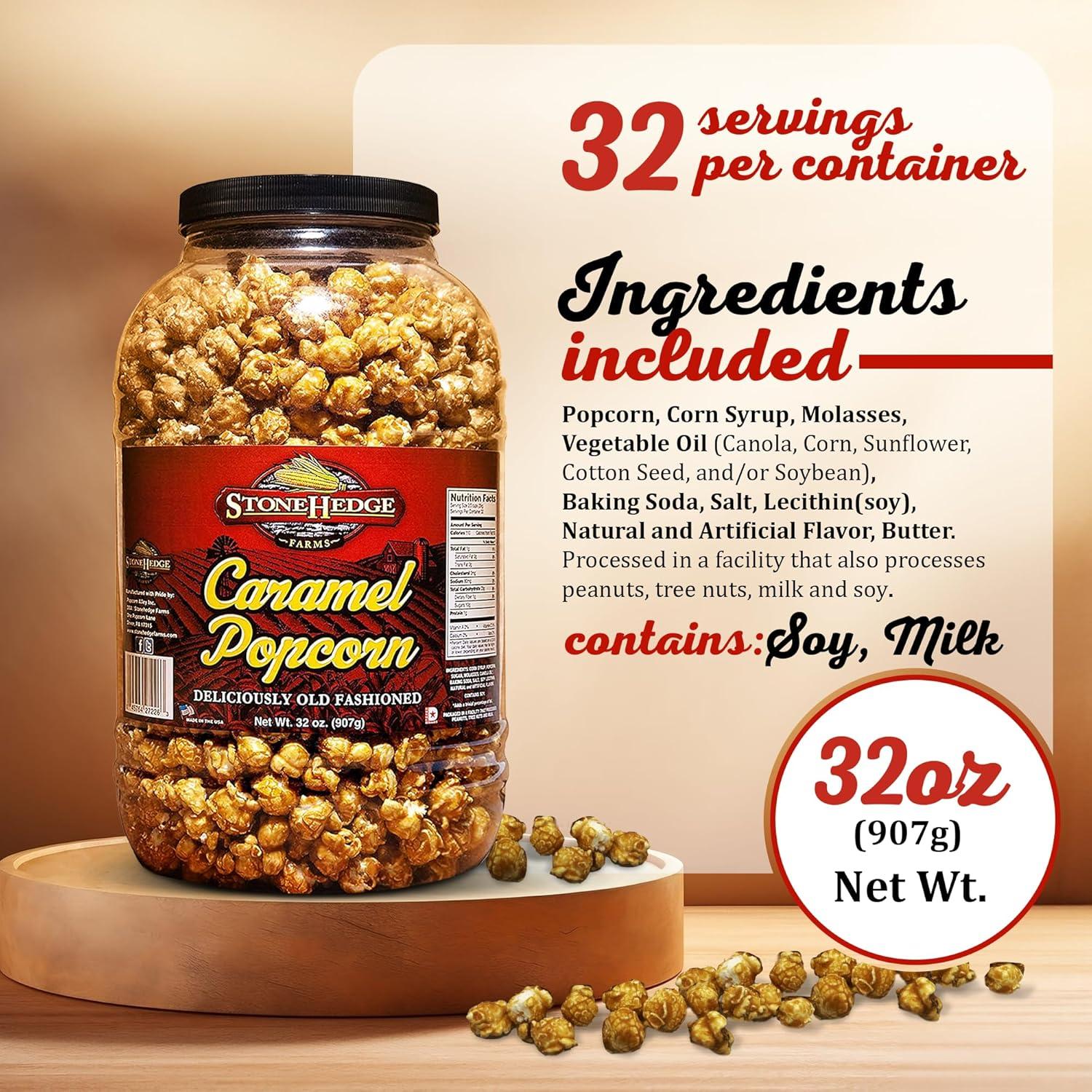 StoneHedge Farms Caramel Popcorn Deliciously Old Fashioned 32 oz. Tall Tub! 2 lbs. of Deliciousness! Made in the USA!