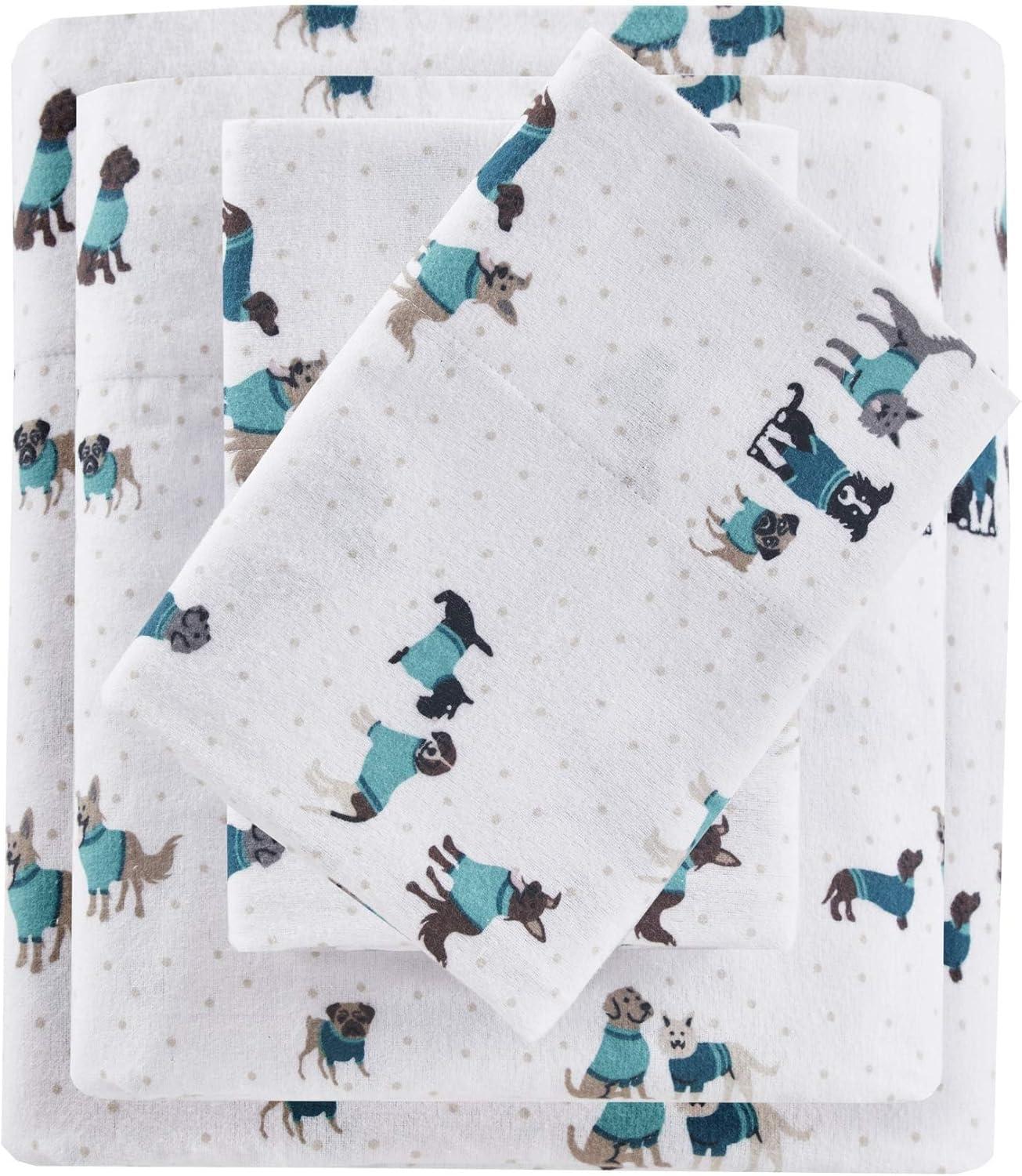 Teal Dogs Full Cotton Flannel Sheet and Pillowcase Set