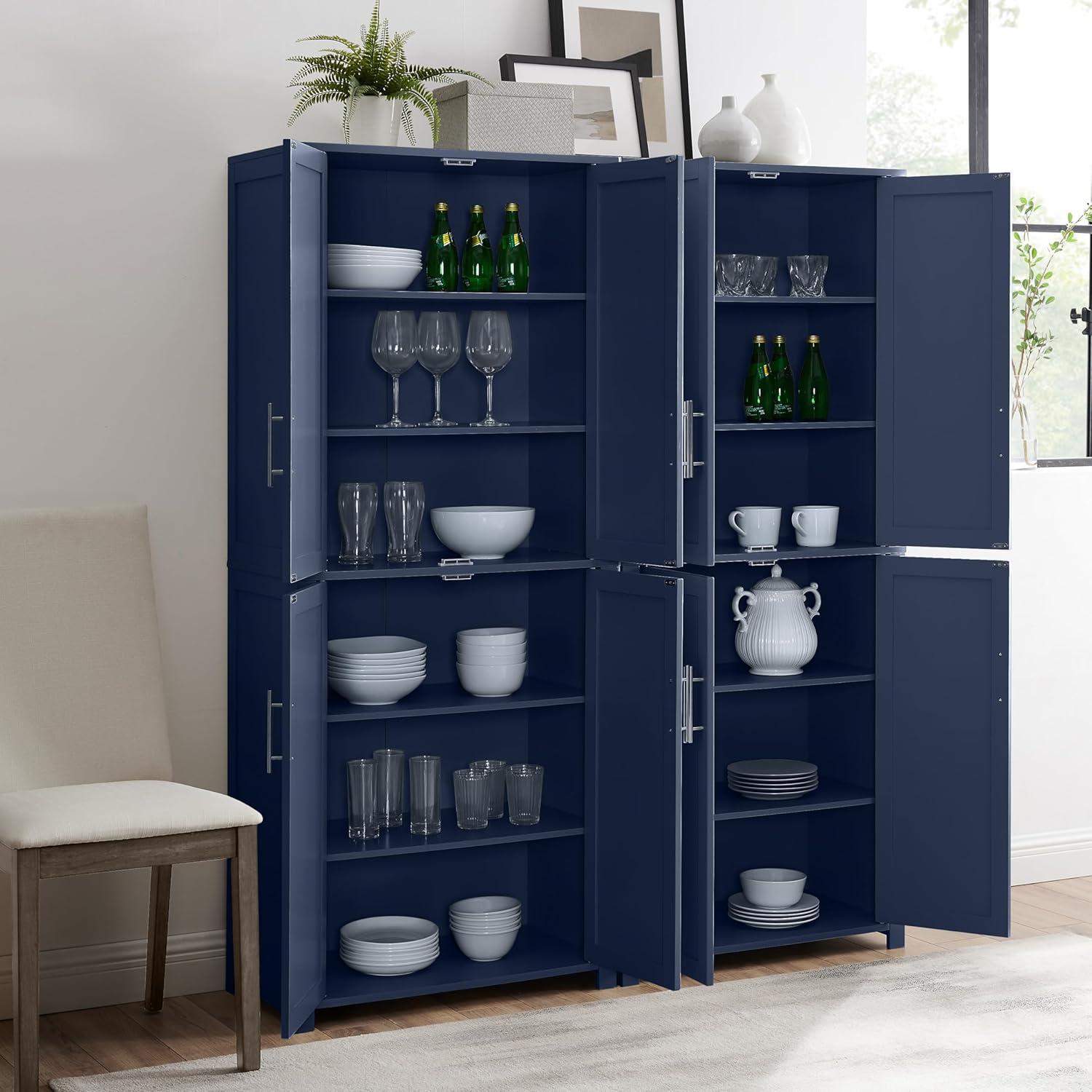 Crosley 67" Savannah 2pc Kitchen Storage Pantry Set Navy: Traditional Style, Wood Veneer, MDF Frame, 6 Shelves