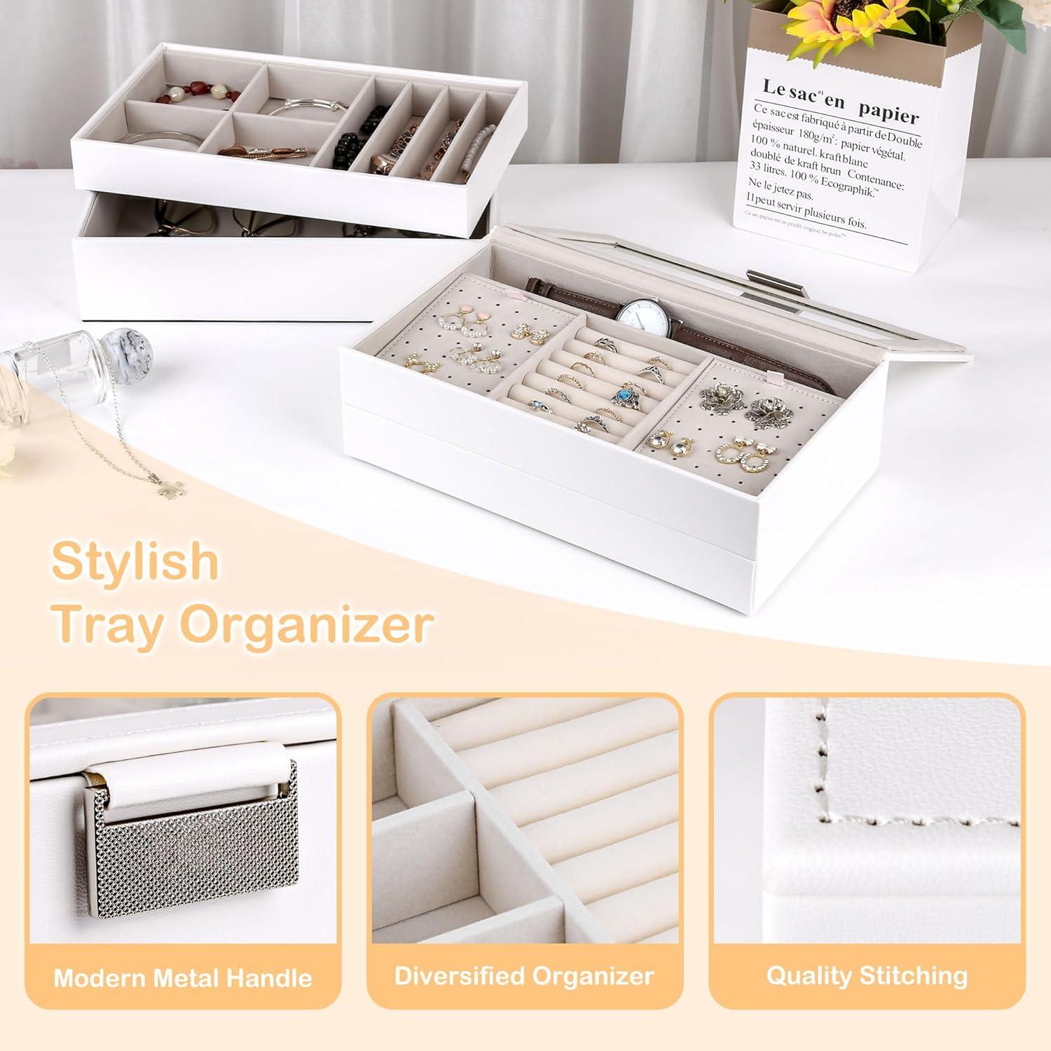 Latitude Run® Stackable Jewelry Trays, 4-Tier Jewelry Box, Drawer Jewelry Organizer, With Glass Lid, Removable Dividers, For Vanity Table, 6.7 X 11 X 7.2 Inches, Cloud White