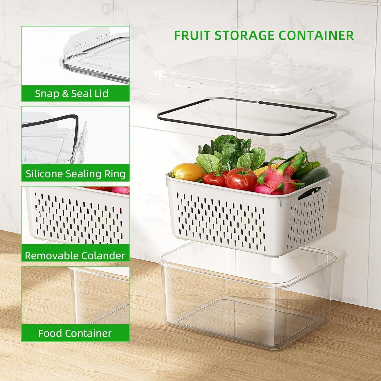 6 Pack Fruit Storage Containers for the Fridge with vent holes and handles， Airtight Food Storage Containers Keep Fruits, Vegetables, Berry, and Meat Fresh longer, BPA-free Fridge Storage Container