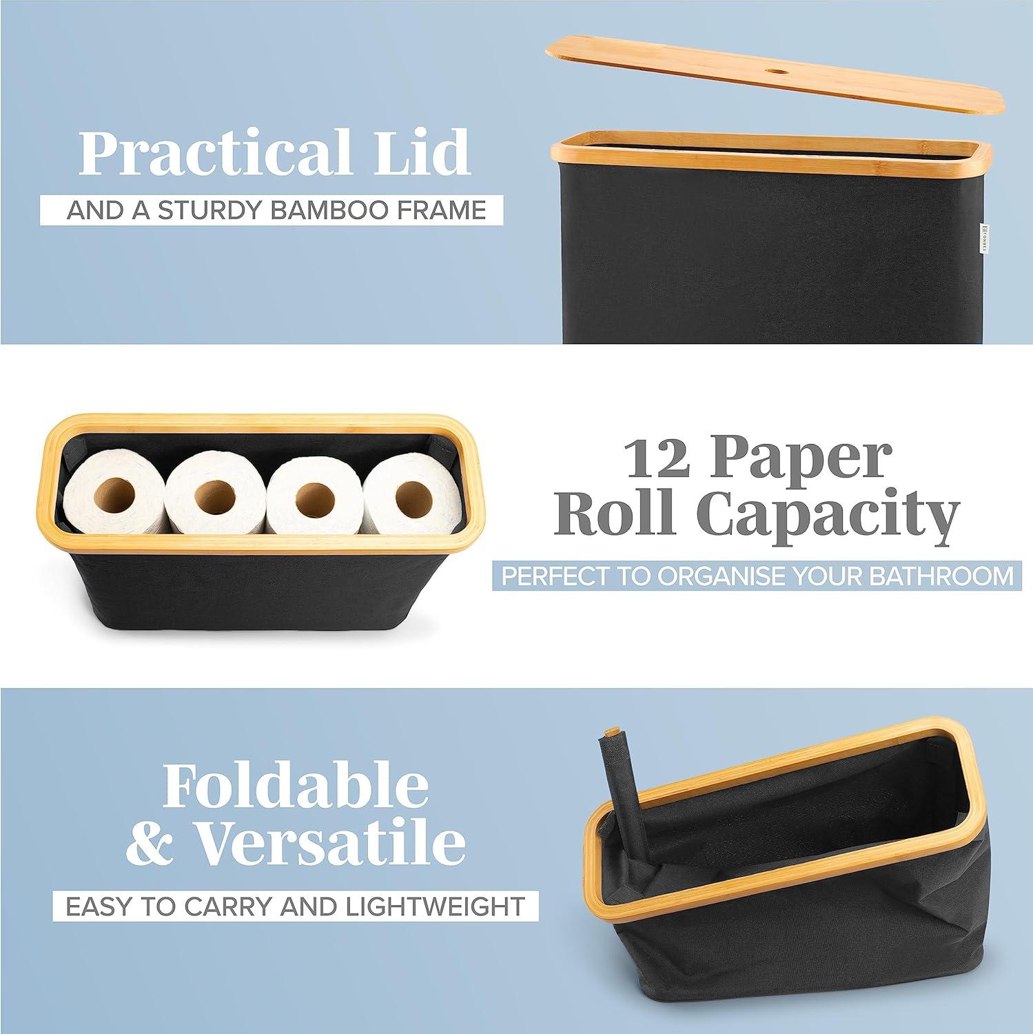 LONBET Toilet Paper Storage for 12 Rolls, Stackable & Foldable - The Ultimate Bathroom Organizer - Waterproof Basket with Bamboo Lid - Elegant Toilet Paper Storage Holder, Black
