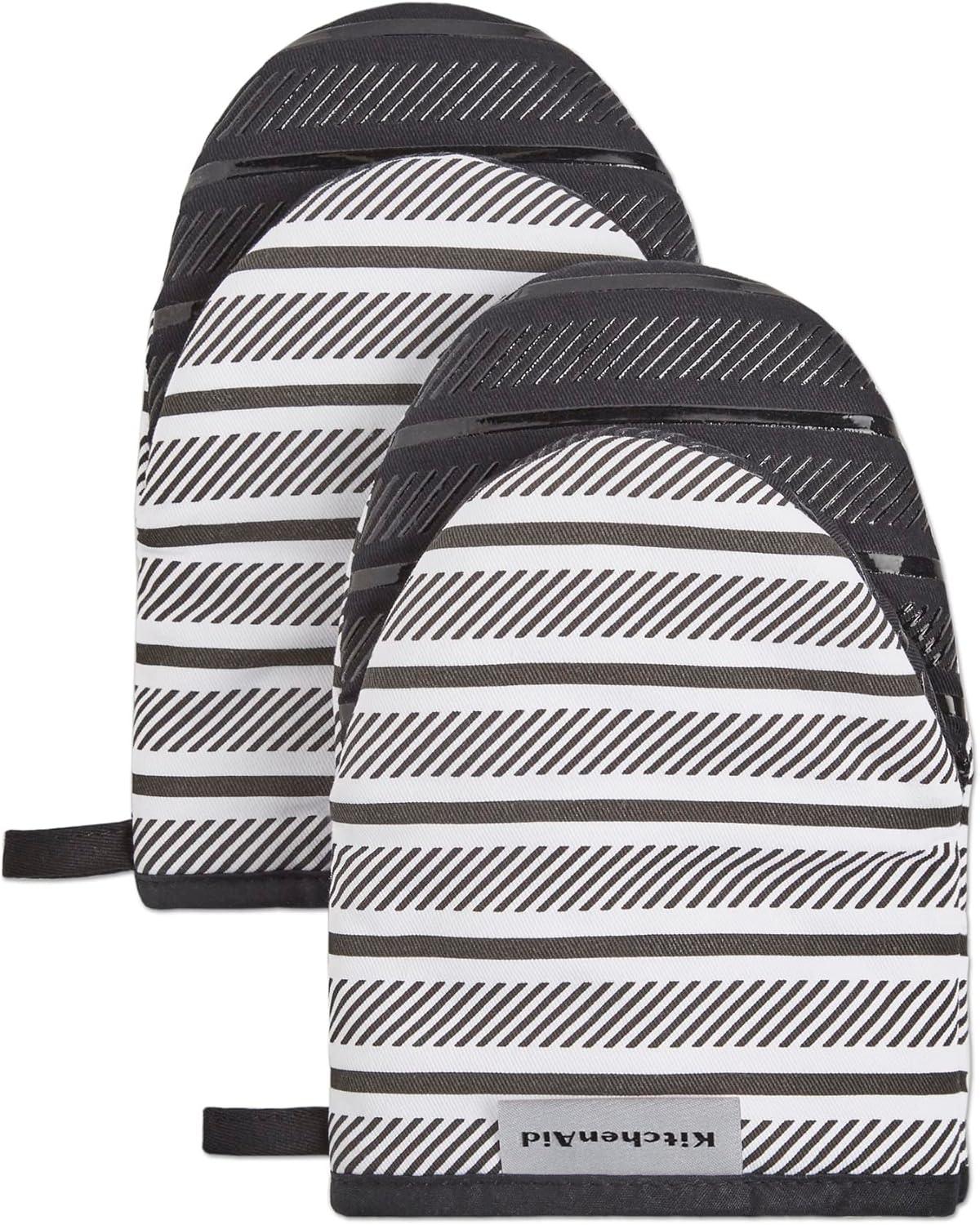 Black and White Striped Silicone Oven Mitt Set