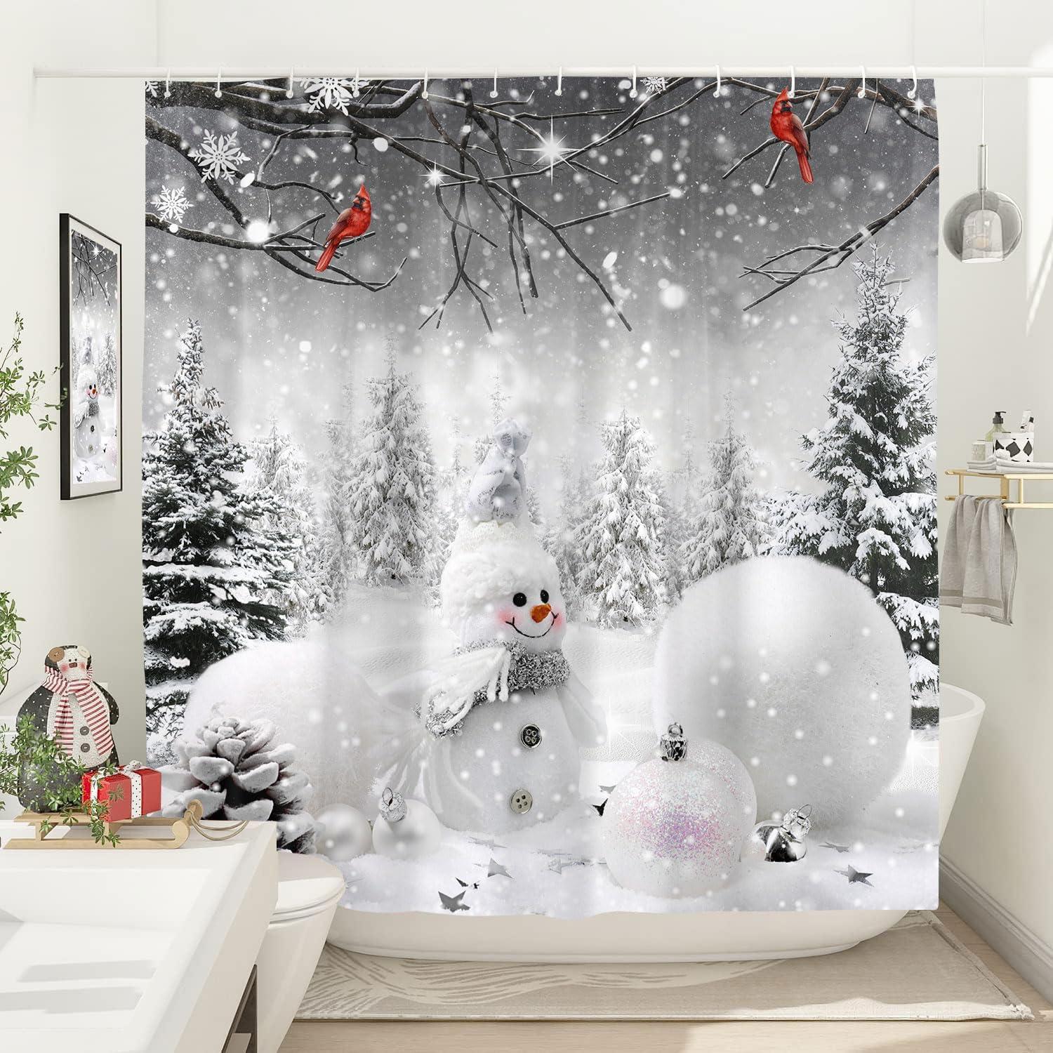 Farmhouse Winter Christmas Shower Curtain, Cute Snowman Snow Forest Pine Tree Scene Shower Curtain For Bathroom Rustic Xmas Snowflake Holiday Gray Bathroom Accessories Polyester 72"X72" With Hooks