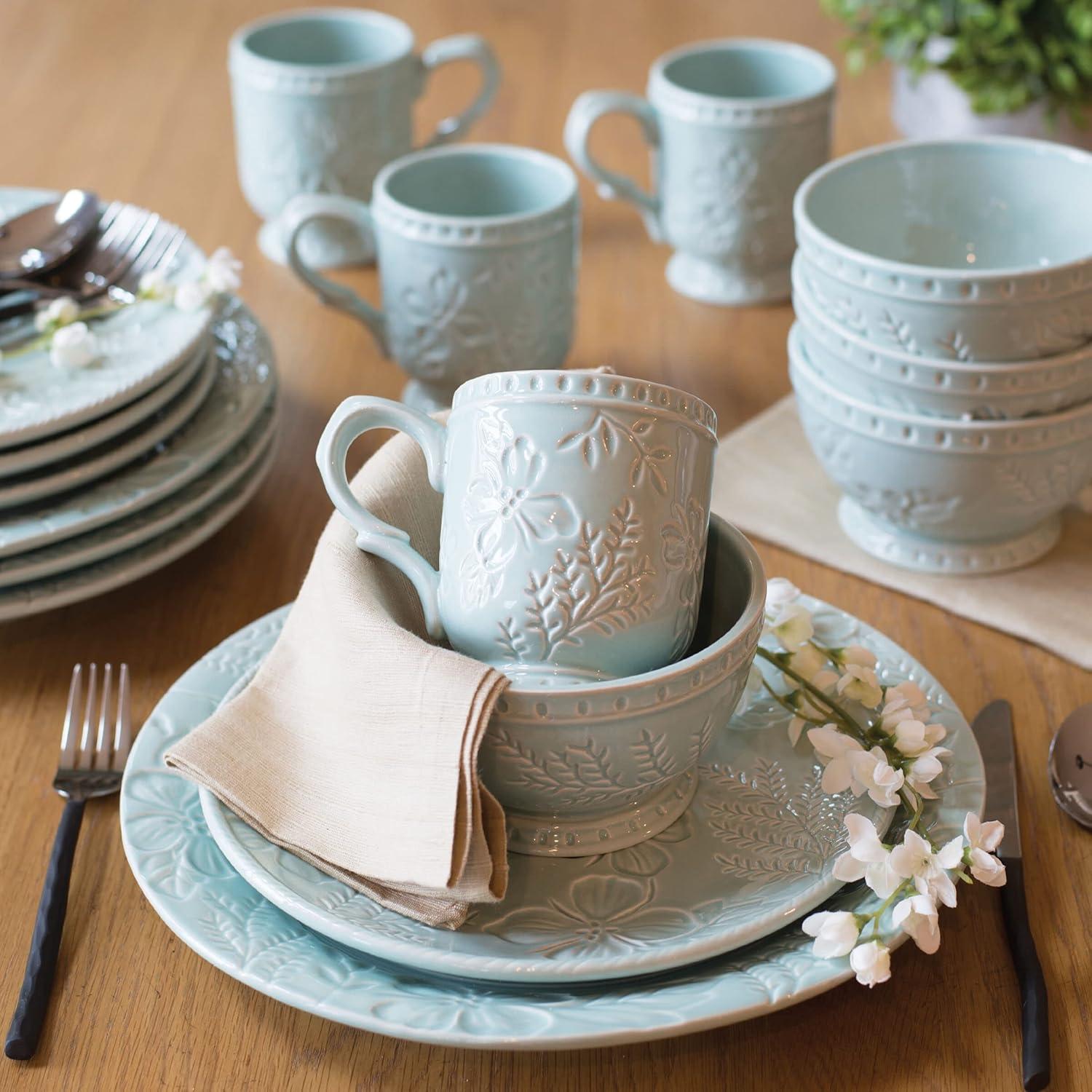 Blue Ceramic Floral Etched 12 Oz Mug Set of Four