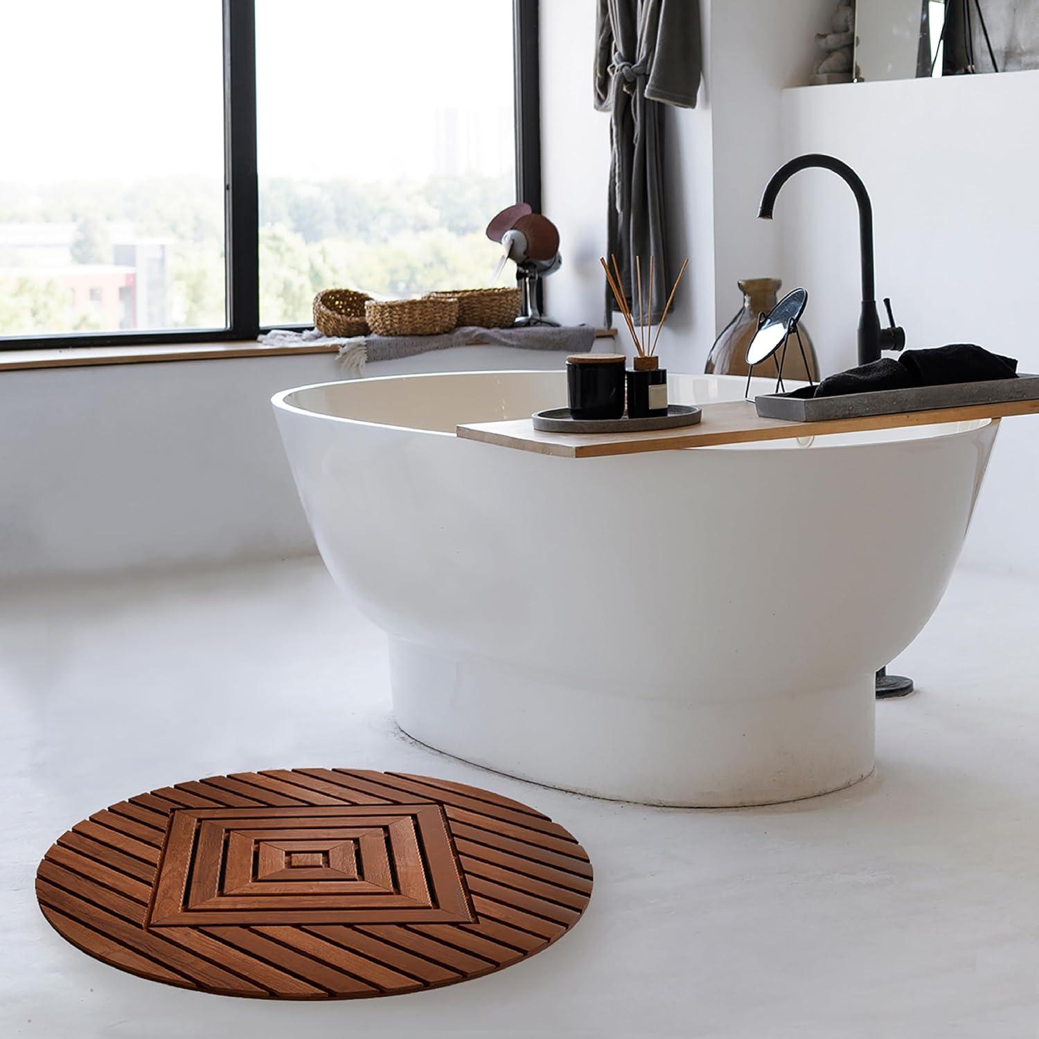 Extra-Large Round Teak Shower Mat with Teak Oil Finish