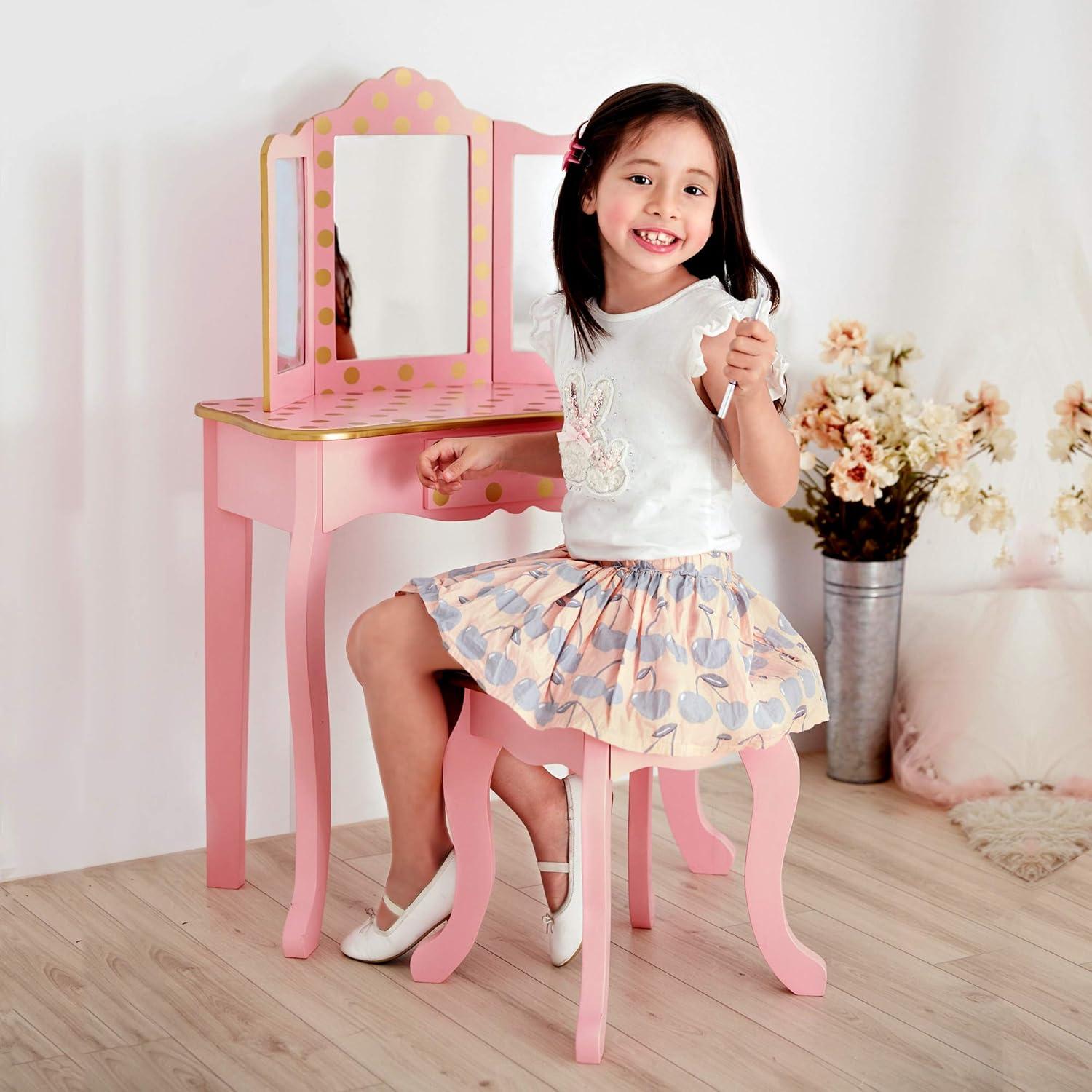 Pink and Gold Polka Dot Kids Vanity Set with Bench