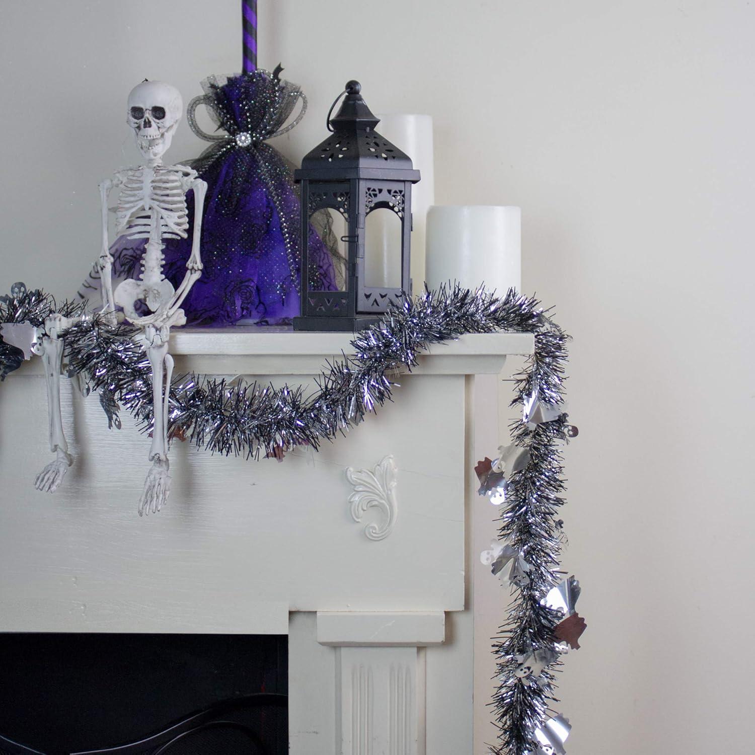 50-Foot Black and Silver Halloween Tinsel Garland with Ghosts