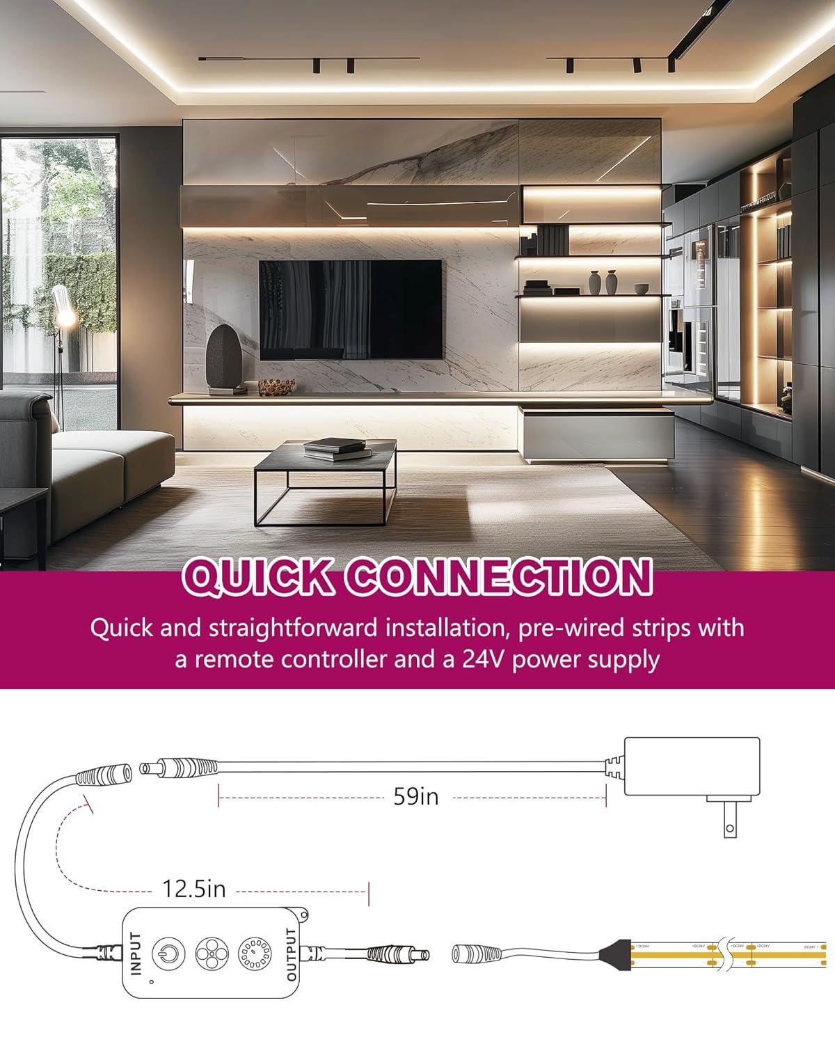 EMITEVER COB LED Strip Lights Kit Neutral White with Remote & 24V Power Supply,16.4ft Dimmable Tape Light 4000K, High Density 2400LEDs, 300+LM/FT,CRI90+, Suitable for Bedroom Kitchen Cabinet Lighting