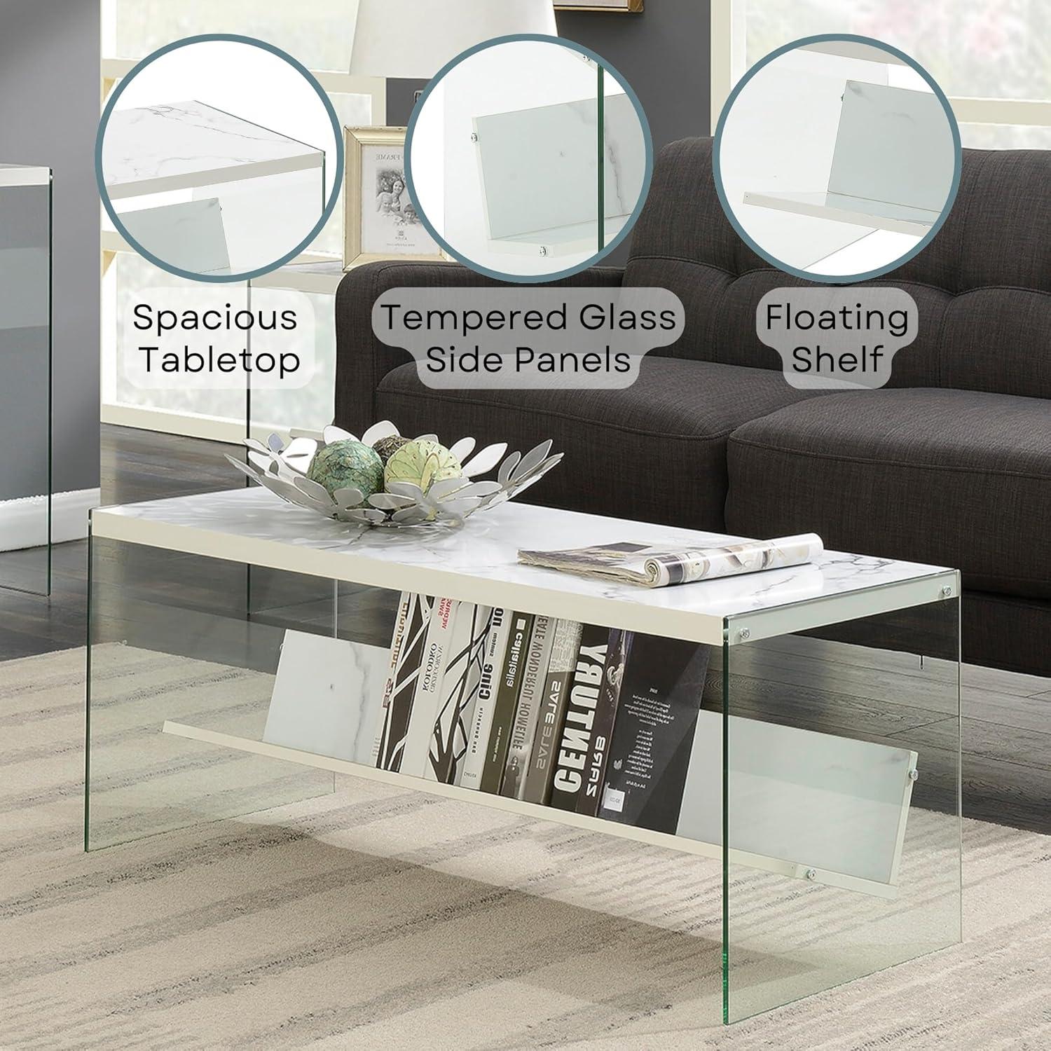 Convenience Concepts SoHo Glass Coffee Table with Shelf , White Faux Marble