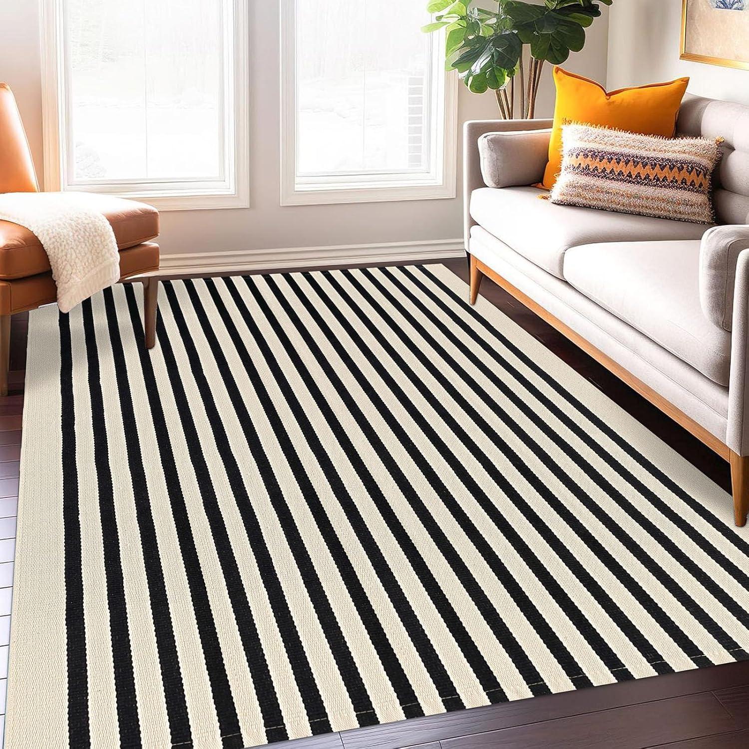 IOHOUZE Navy and White Striped Rug 2'x3' Front Door Rugs, Small Washable Area Rug for Front Porch, Spring Summer Doormats Outdoor Indoor, Cotton Rugs for Entryway Porch Entrance