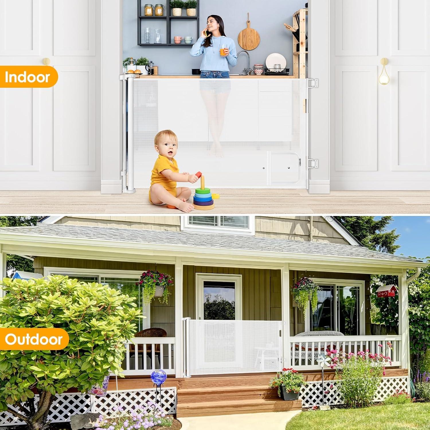 Retractable Baby Gate with Pet Door 55" Wide Retractable Dog Gate with Door Doorway Gate with Cat Door Child Gate with Cat Door Toddler Gate Outdoor Gates for Decks Mesh Baby Gate for Stairs Pet Gate