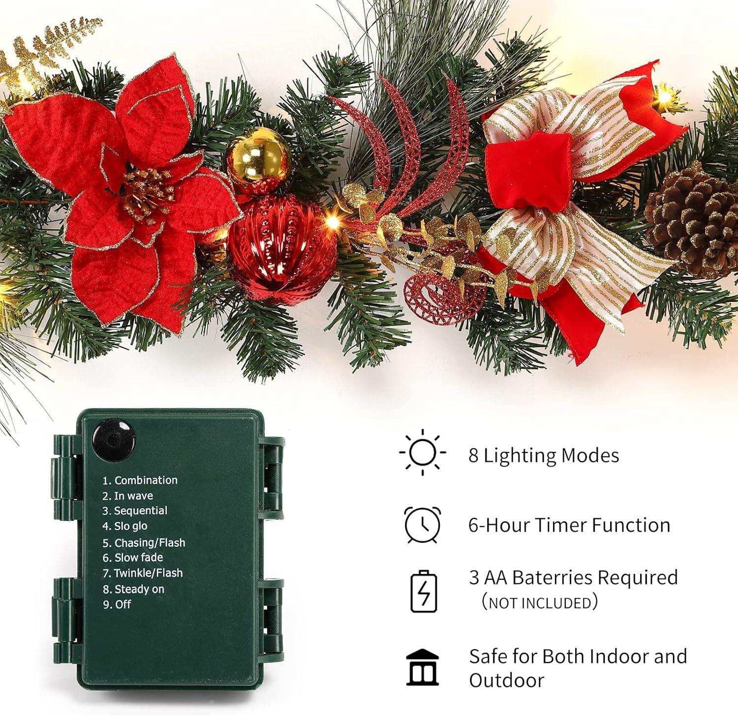 LaxMax Christmas Lighted Garland, Red and Gold Theme 6FT 20LED Pre-Lit Christmas Garland with Ball Ornaments, Flowers, Ribbons, Pine Cones and Berries for Door Stairs Mantle Christmas Decoration O1