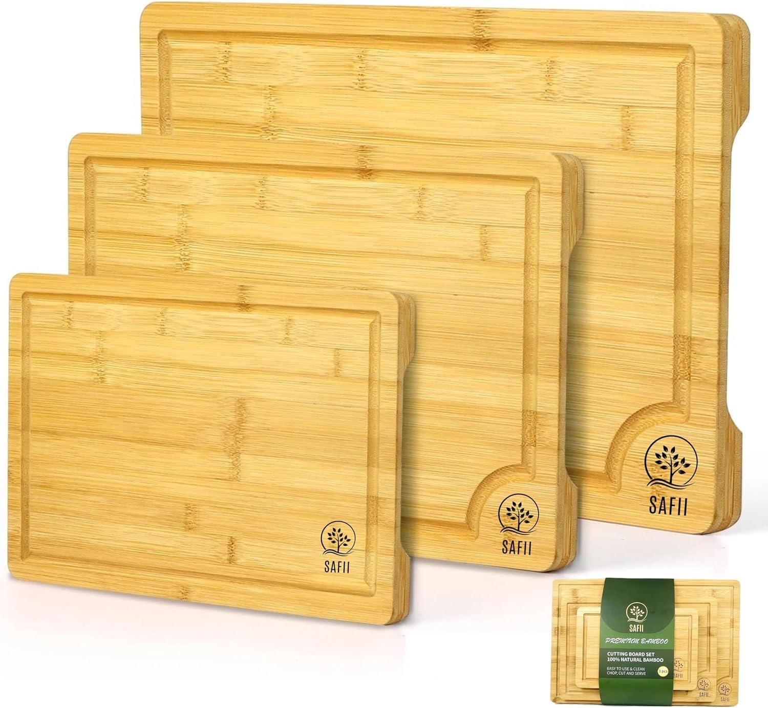 Bamboo Cutting Board Set of 3 with Side Trays - Wood Cutting Boards For Kitchen for Meat, Cheese, Fruits & Vegetables by Royal Craft Wood