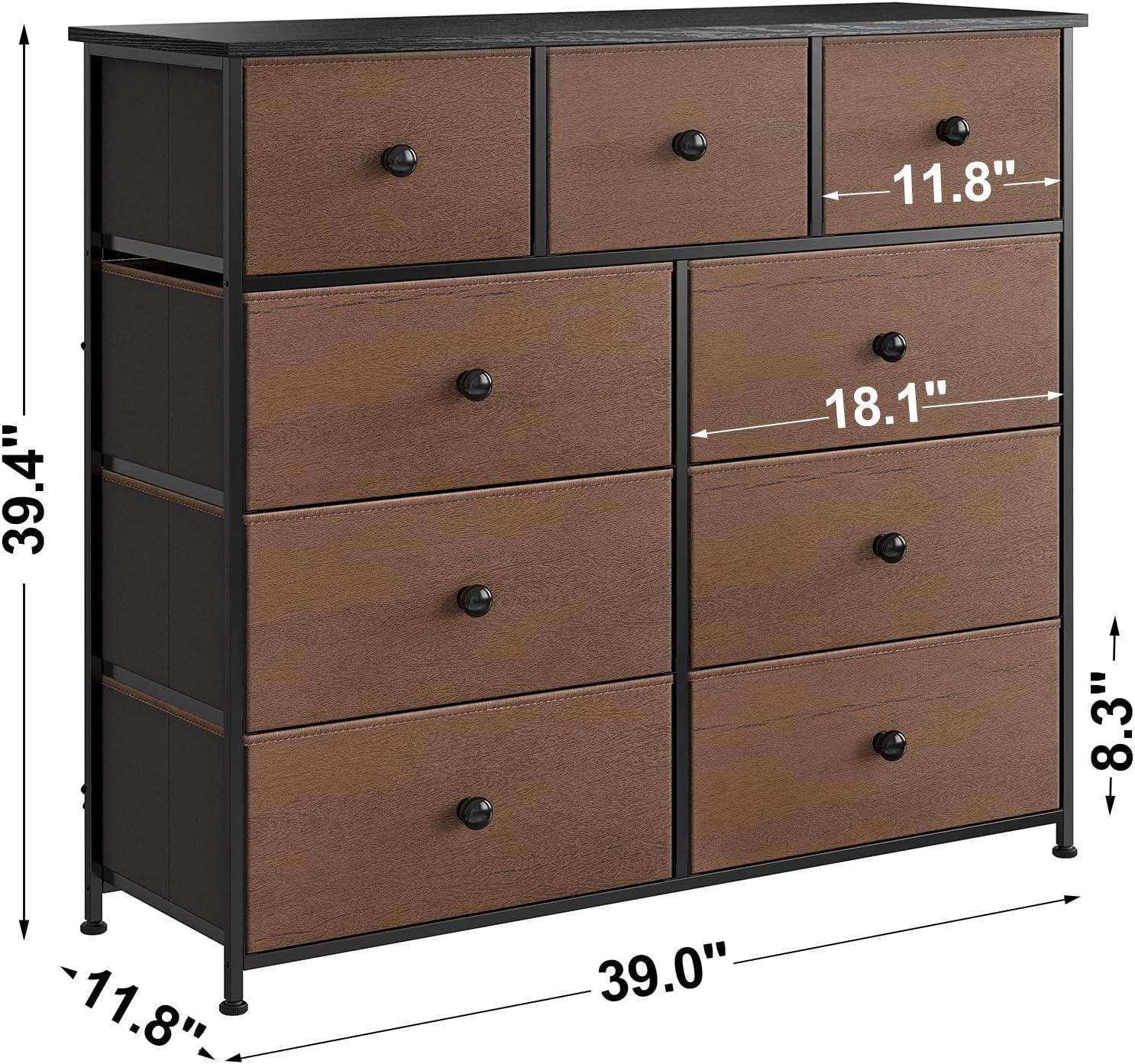 Espresso Steel Frame 9-Drawer Dresser with Waterproof Top and Adjustable Feet