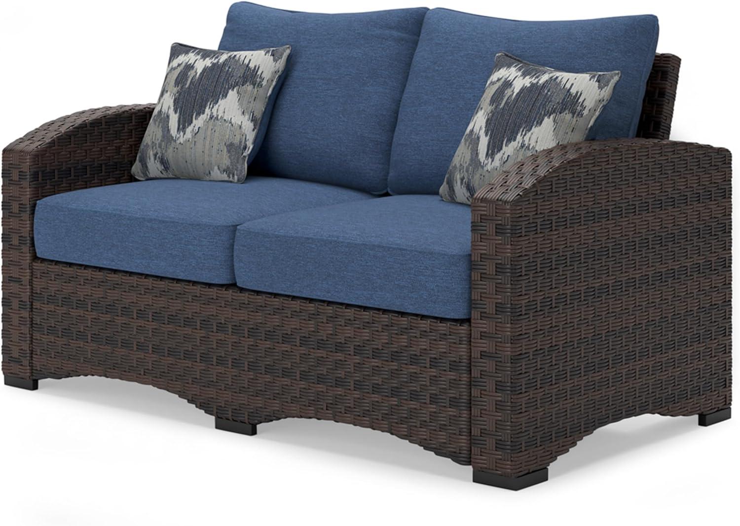 Signature Design by Ashley Windglow Outdoor Wicker Loveseat with Cushion, Blue/Brown