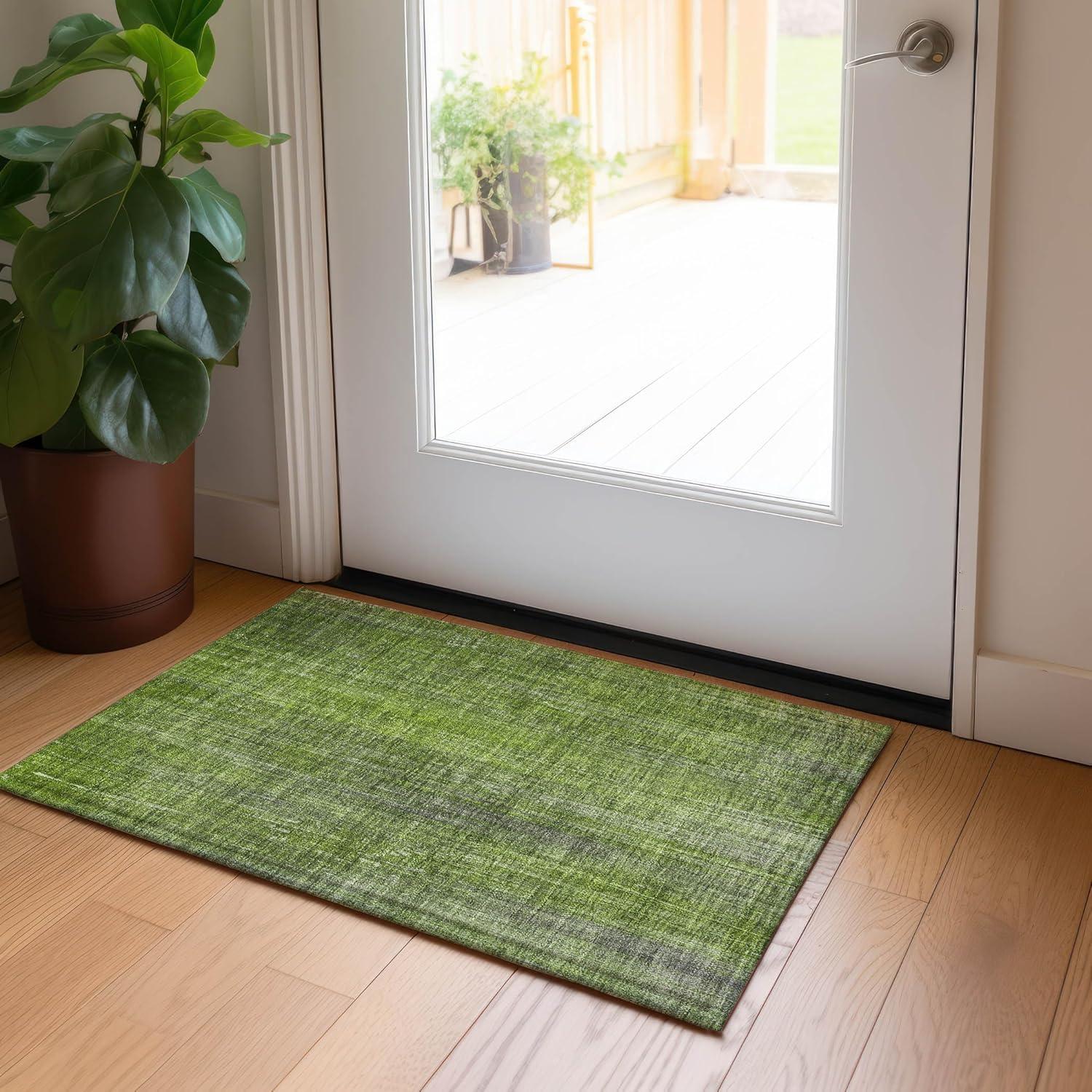 Green Rectangular Machine-Washable Synthetic Area Rug