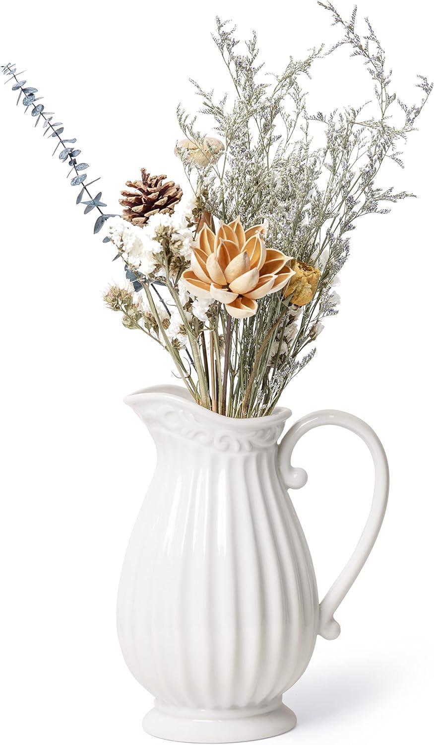 Elegant White Ceramic Round Pitcher Vase, 10 Inch