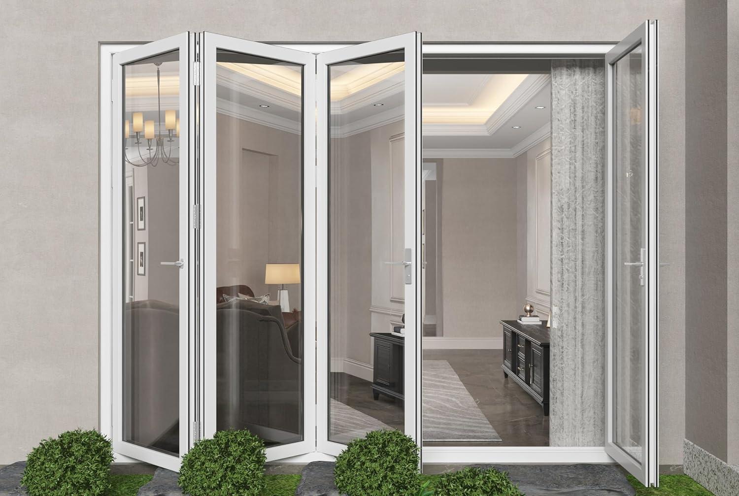 KaMic 120" x 80" 4 Panels Alumnium Folding Door In White, One Door Right Swing Out Three Door Folded From Right To Left