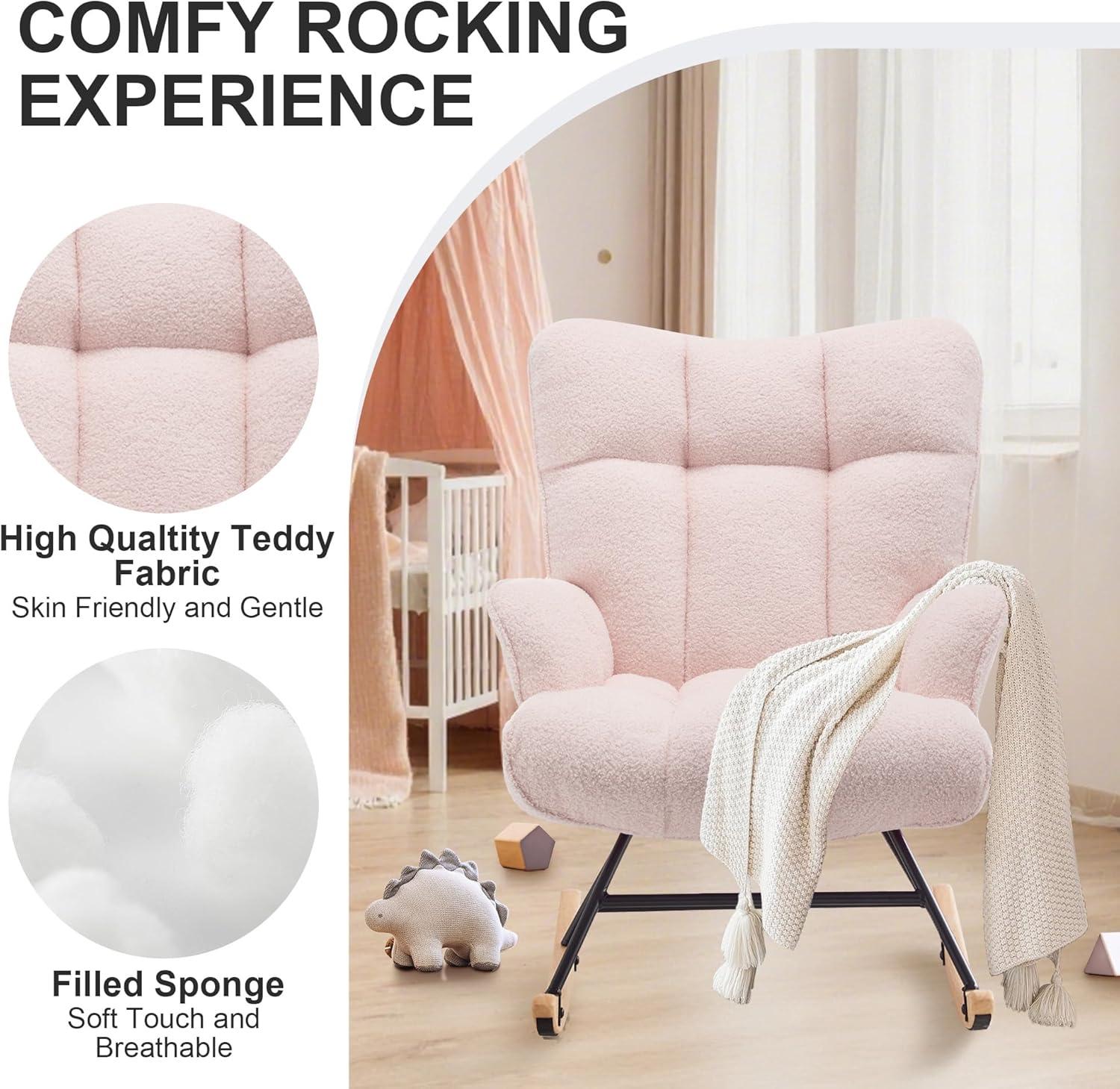 Nursery Rocking Chair Teddy, Upholstered Glider Rocker with High Backrest, Comfortable Stylish Accent Armchair with Padded Seat for Living Rooms, Bedrooms, Offices