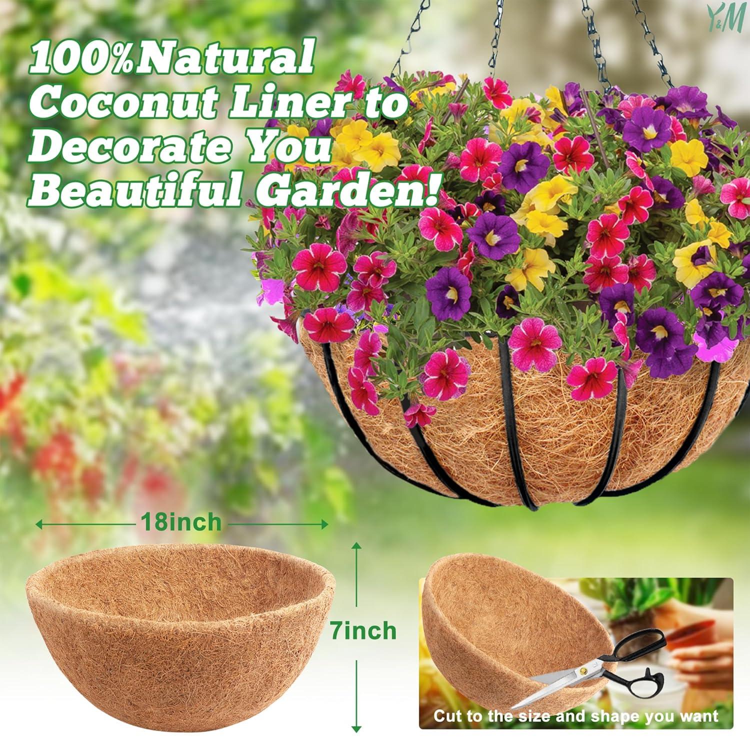 4 PCS Round Flower Pot Coconut Basket,Casewin Hanging Basket Coco Liner Natural Coconut Planter Basket Liner for Hanging Baskets at Indoor Outdoor Garden Porch Balcony (14 Inch)