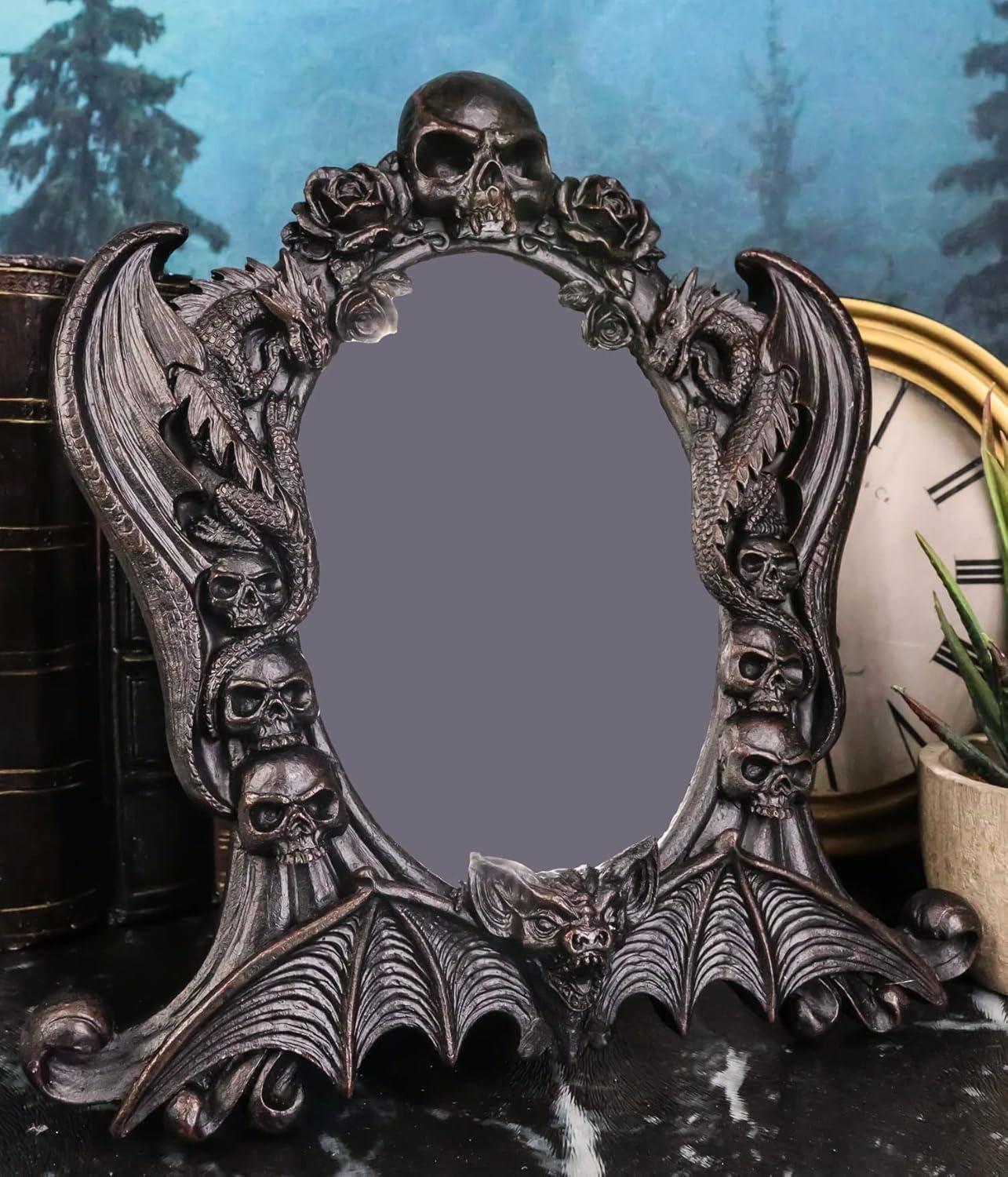 Gothic Black Resin Mirror with Skulls, Roses, and Bats
