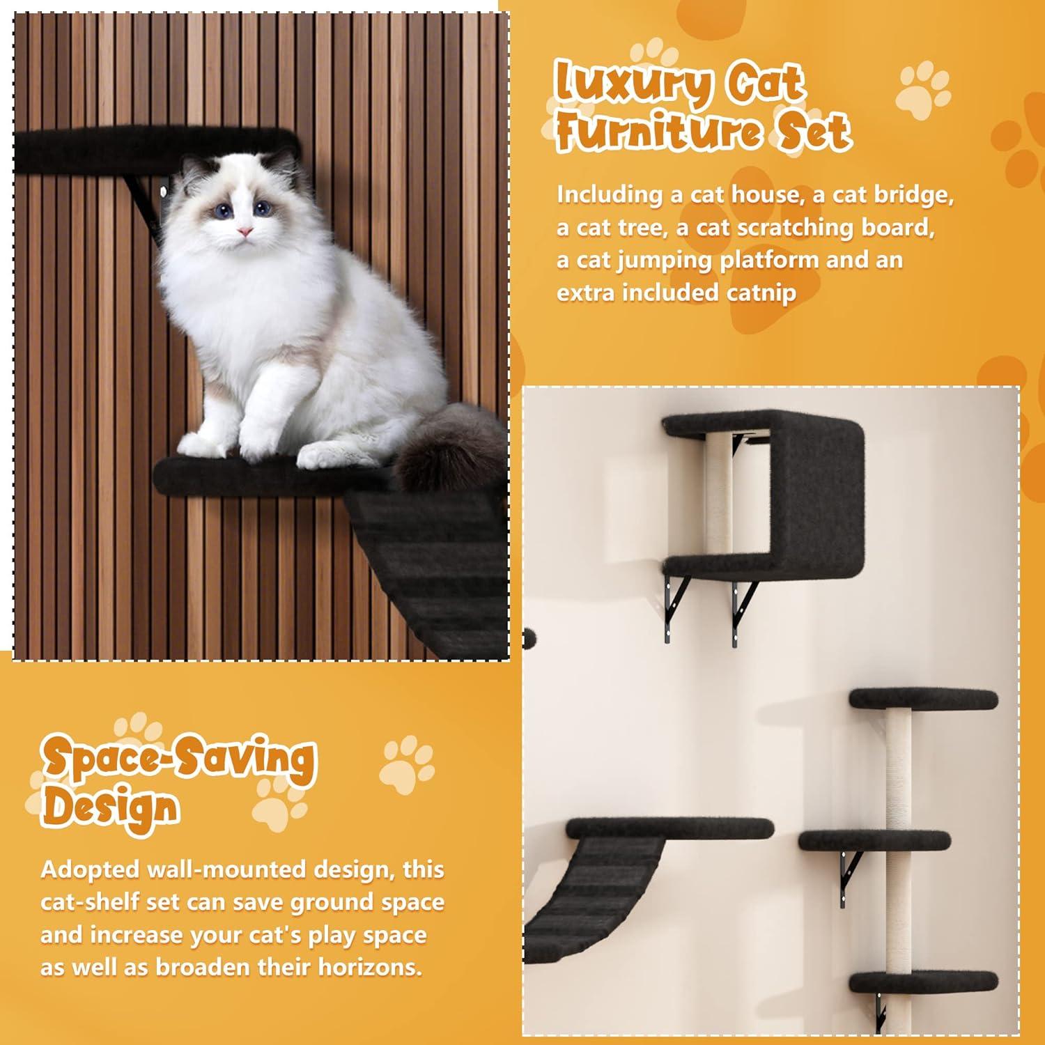 Coziwow 5 Pcs Wall Mounted Cat Tree Climb Furniture Set for Cat Play & Fun - Black