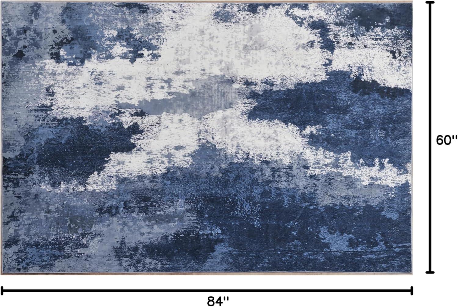 Blue Abstract 5' x 7' Washable Synthetic Area Rug