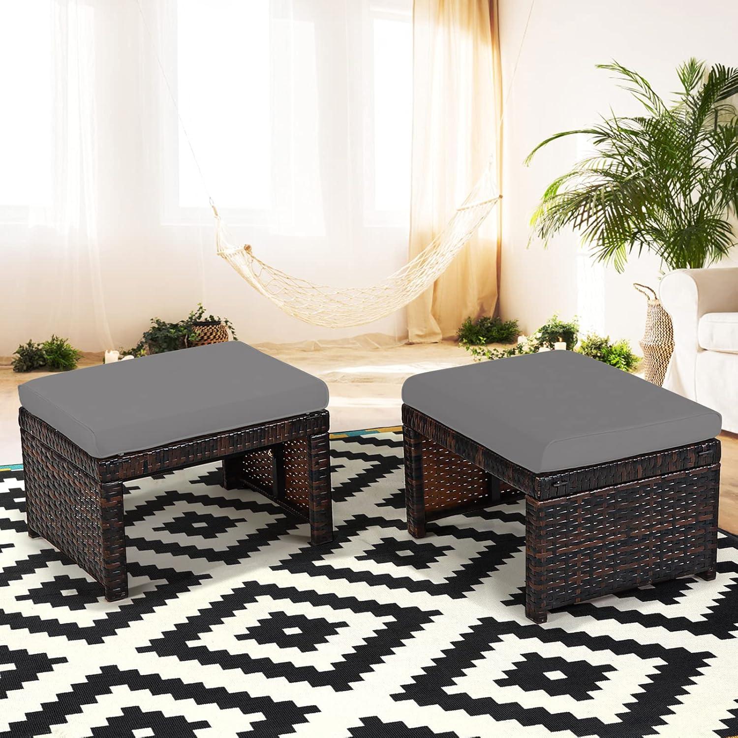 Outdoor Grey Cushioned PE Rattan Patio Ottomans, Set of 2