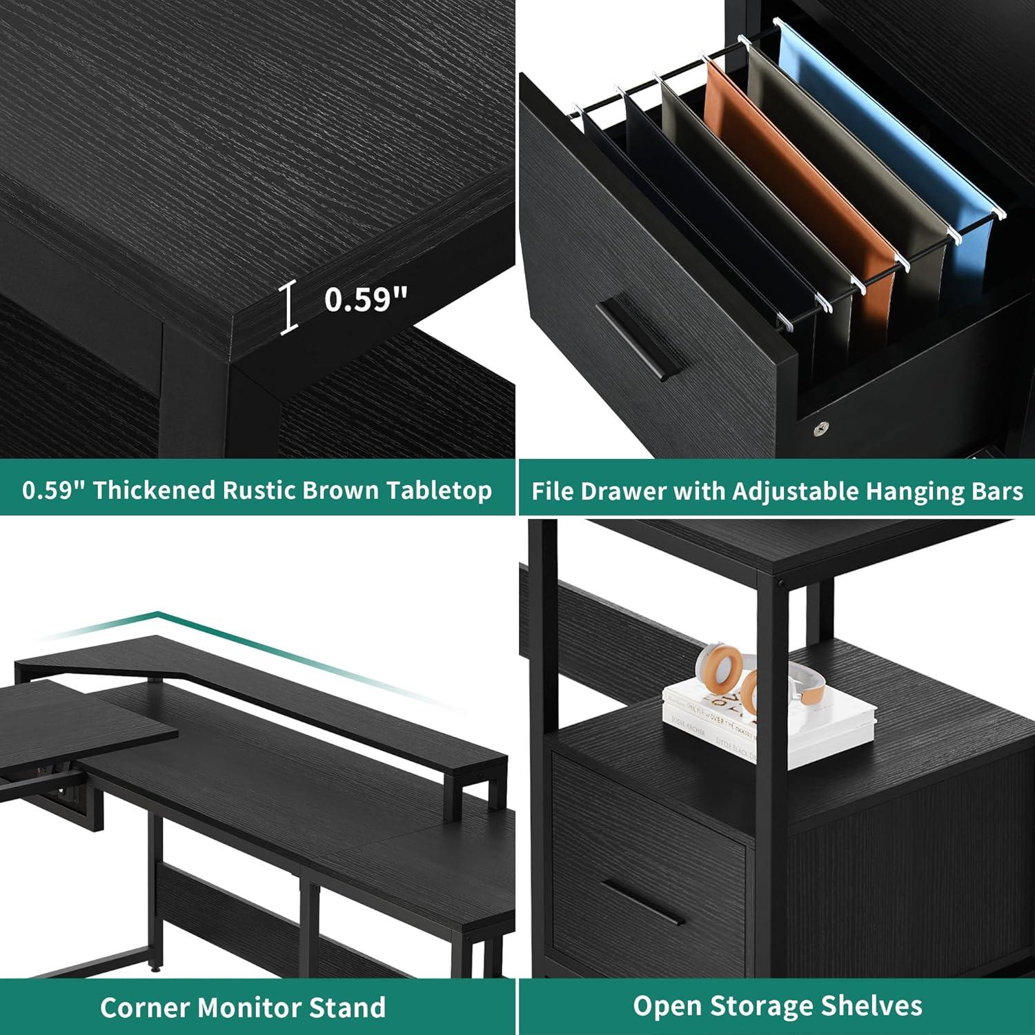 L Shaped Computer Desk with File Drawer, 65" L Shaped Desk with Monitor Stand, Height Adjustable Standing Desk , Black