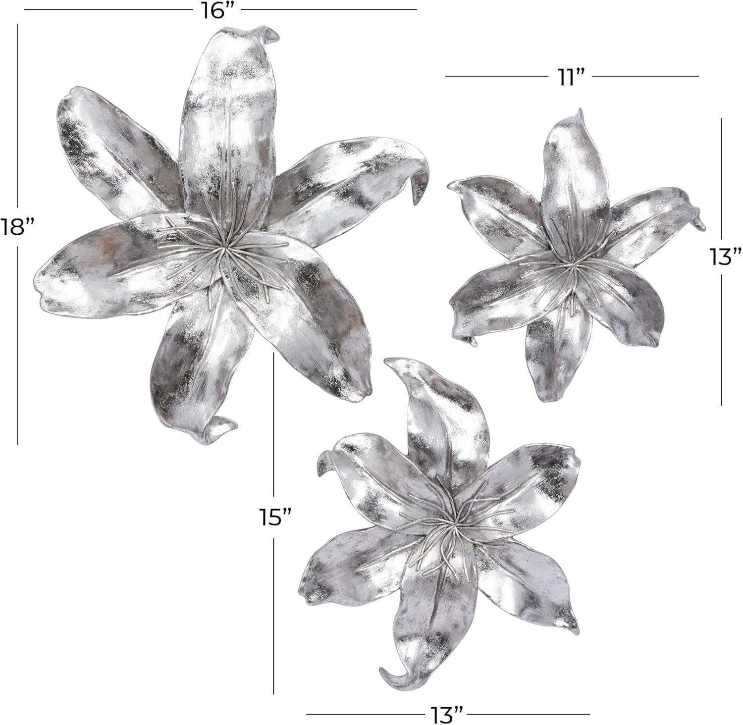DecMode Silver Polystone 3D Floral Wall Decor (3 Count)