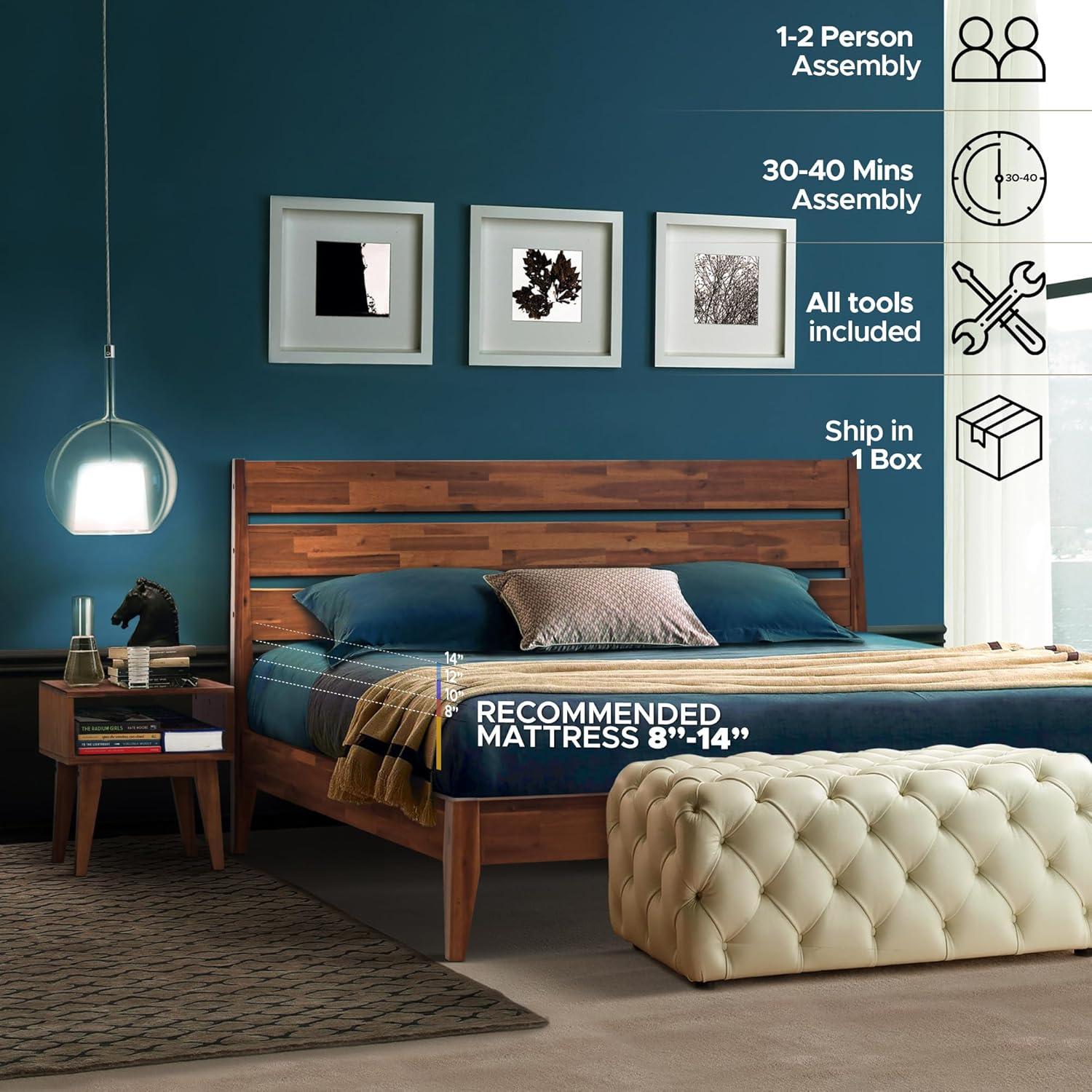 Acacia Emery 2-Pcs Bedroom Set – Solid Wood Platform Bed Frame & Matching Nightstand, Mid-Century Modern Farmhouse, 800 lbs Capacity, No Box Spring Needed