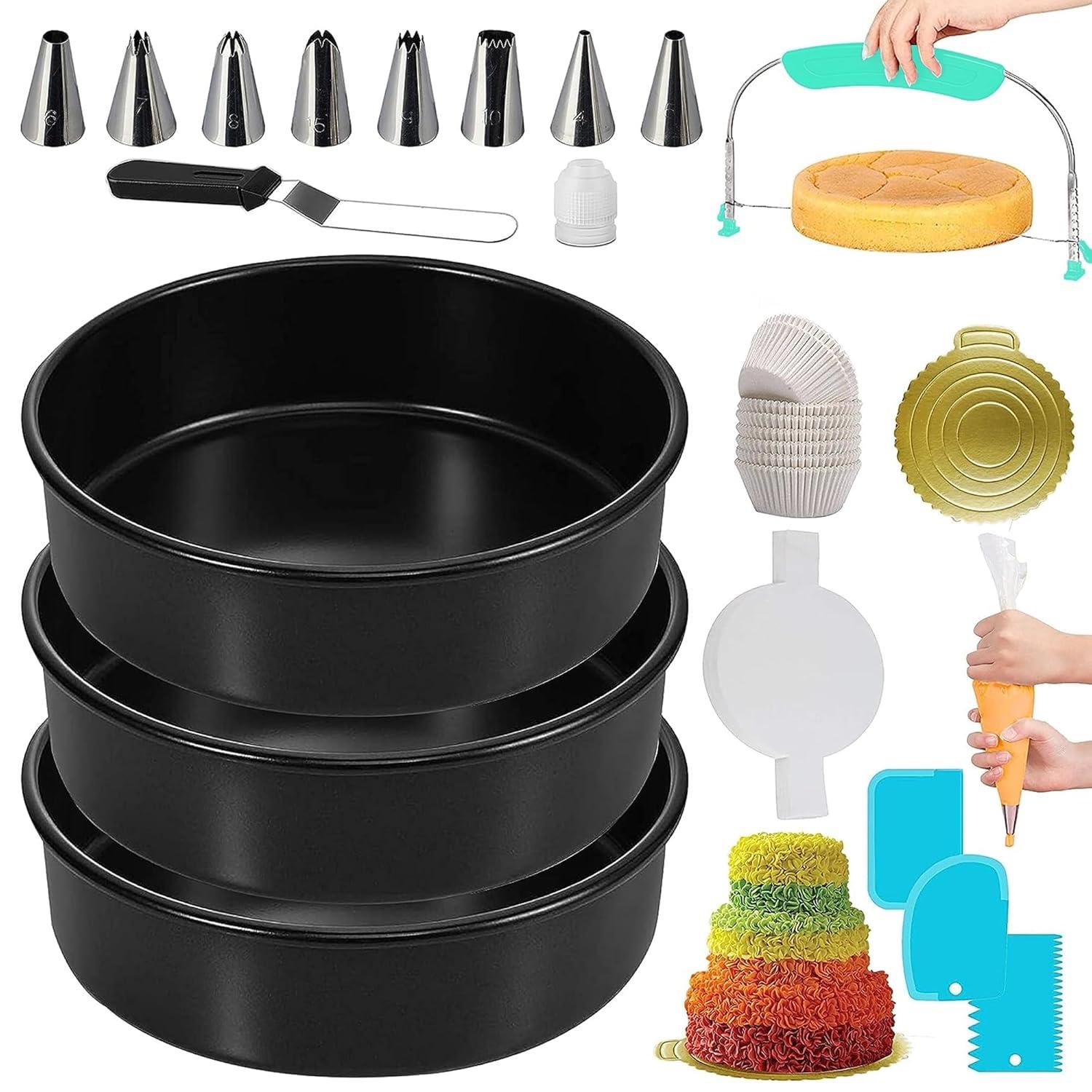 RFAQK 133PCs Round Cake Pans Sets for Baking + Cake Decorating Supplies - 3 Non-Stick 8 Inch Cake Pan with Baking Supplies, Piping Tips, Cake Leveler, Icing Spatula and 35 Parchment Papers with eBook