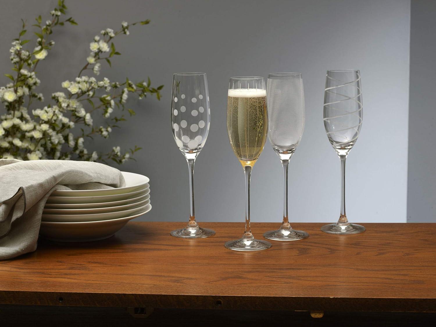 Set of 4 Clear Crystal Champagne Flute Glasses with Etched Designs