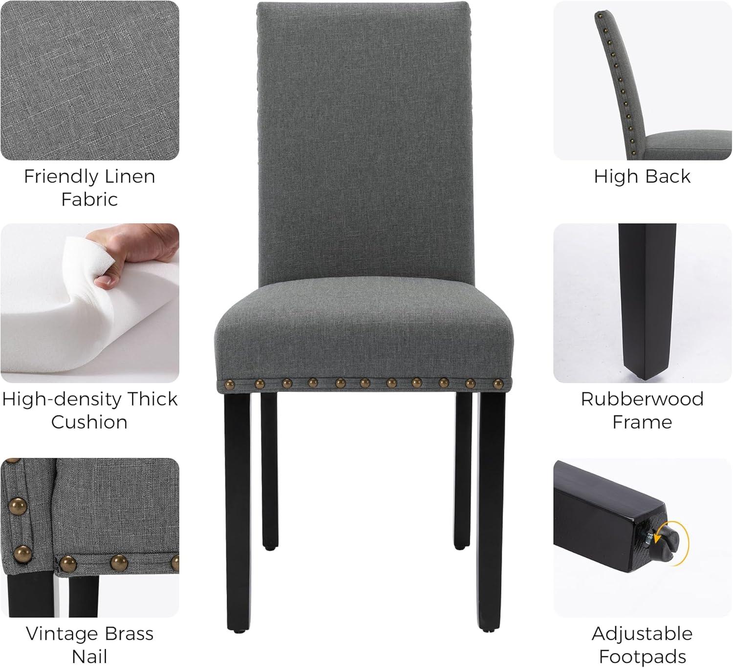 Upholstered Dining Chairs Set pf 2 Studded Parson Chairs with Nailheads and Sturdy Wooden Legs, Grey