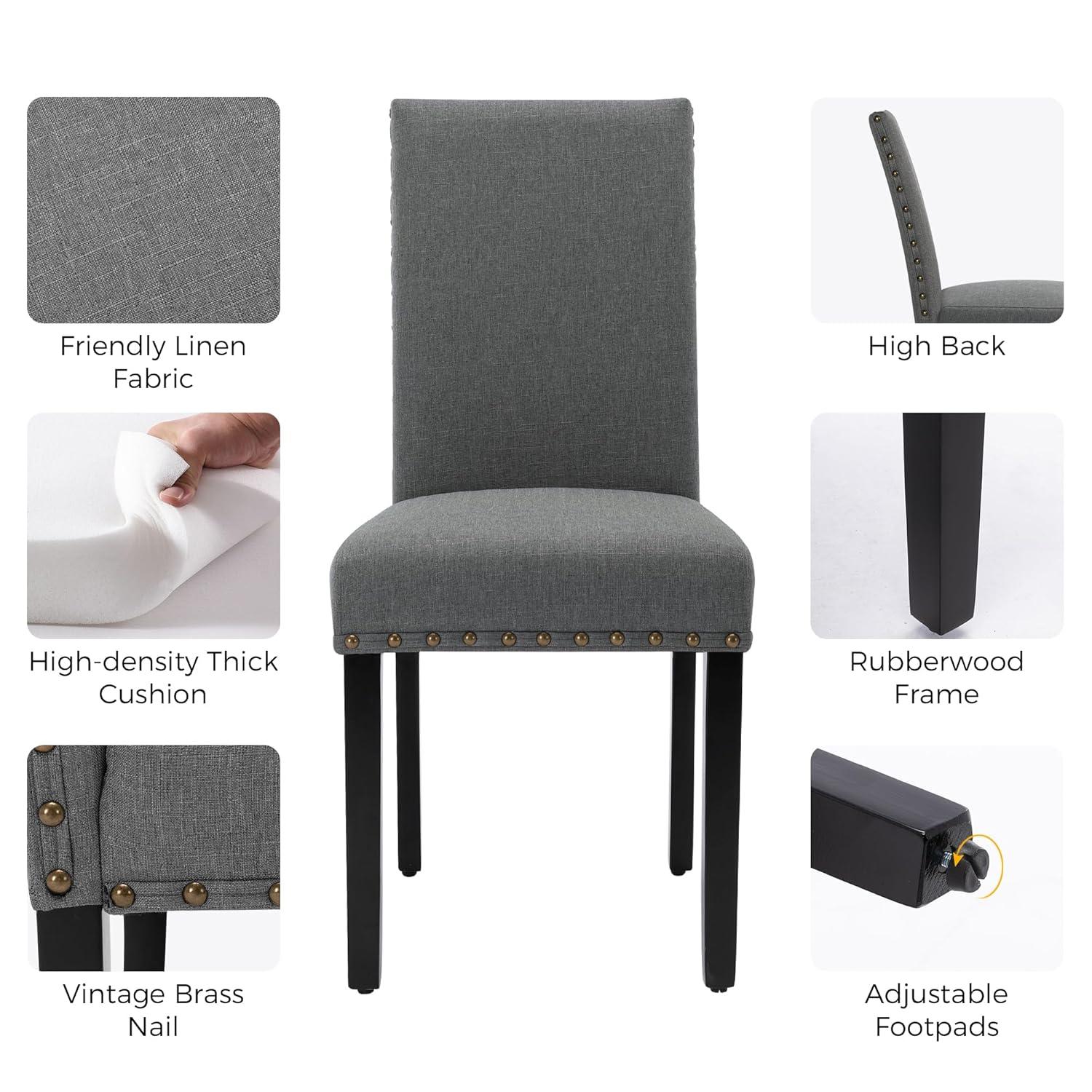 Upholstered Dining Chairs Set pf 2 Studded Parson Chairs with Nailheads and Sturdy Wooden Legs, Grey