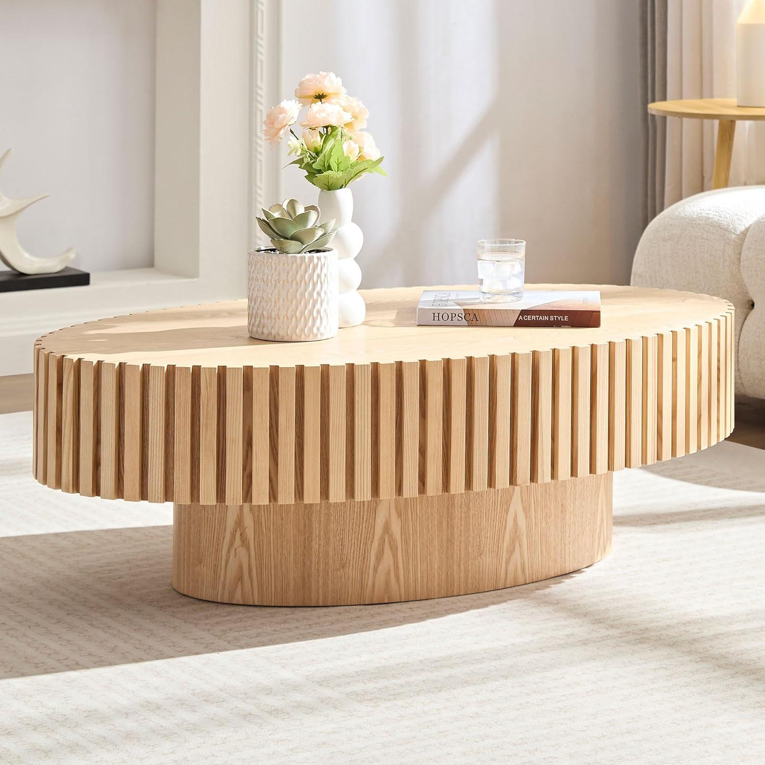 Oak Fluted Oval Coffee Table with Pedestal Base