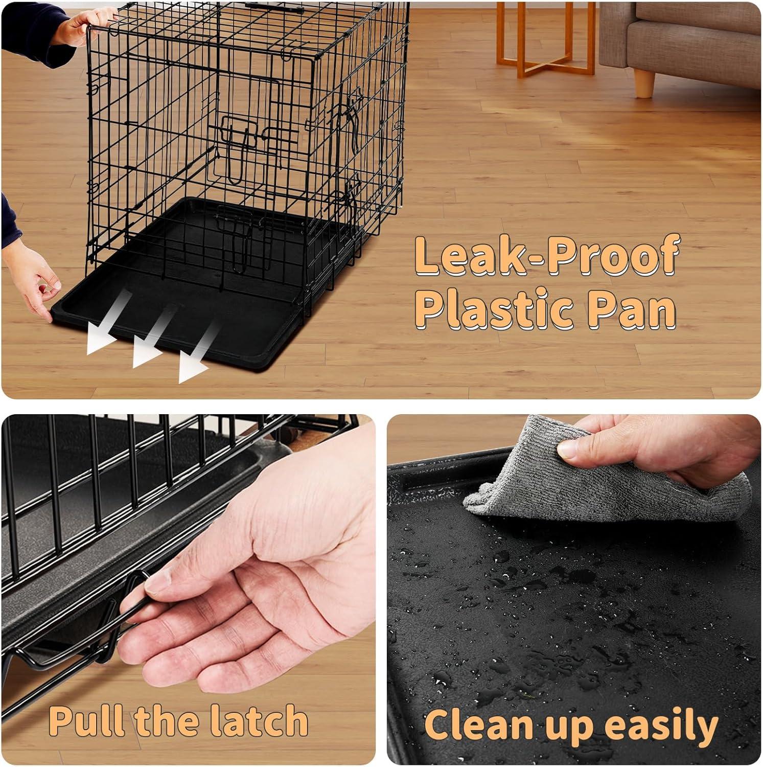 24-Inch Foldable Metal Wire Dog Crate, Collapsible Double Door Dog Crate with Removable Leak-Proof Pan, Divider Dogs Crate with Handle, Black