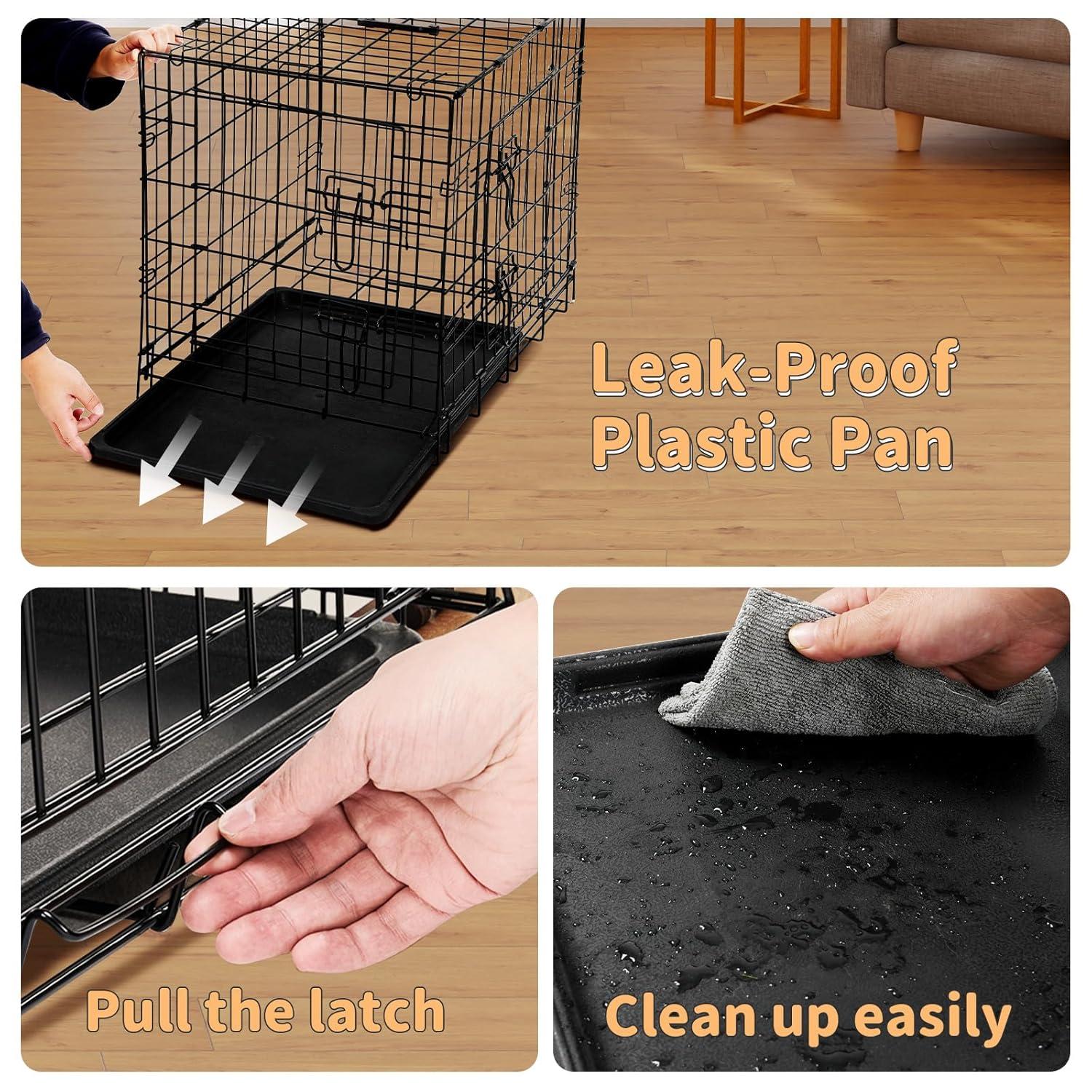 24-Inch Foldable Metal Wire Dog Crate, Collapsible Double Door Dog Crate with Removable Leak-Proof Pan, Divider Dogs Crate with Handle, Black