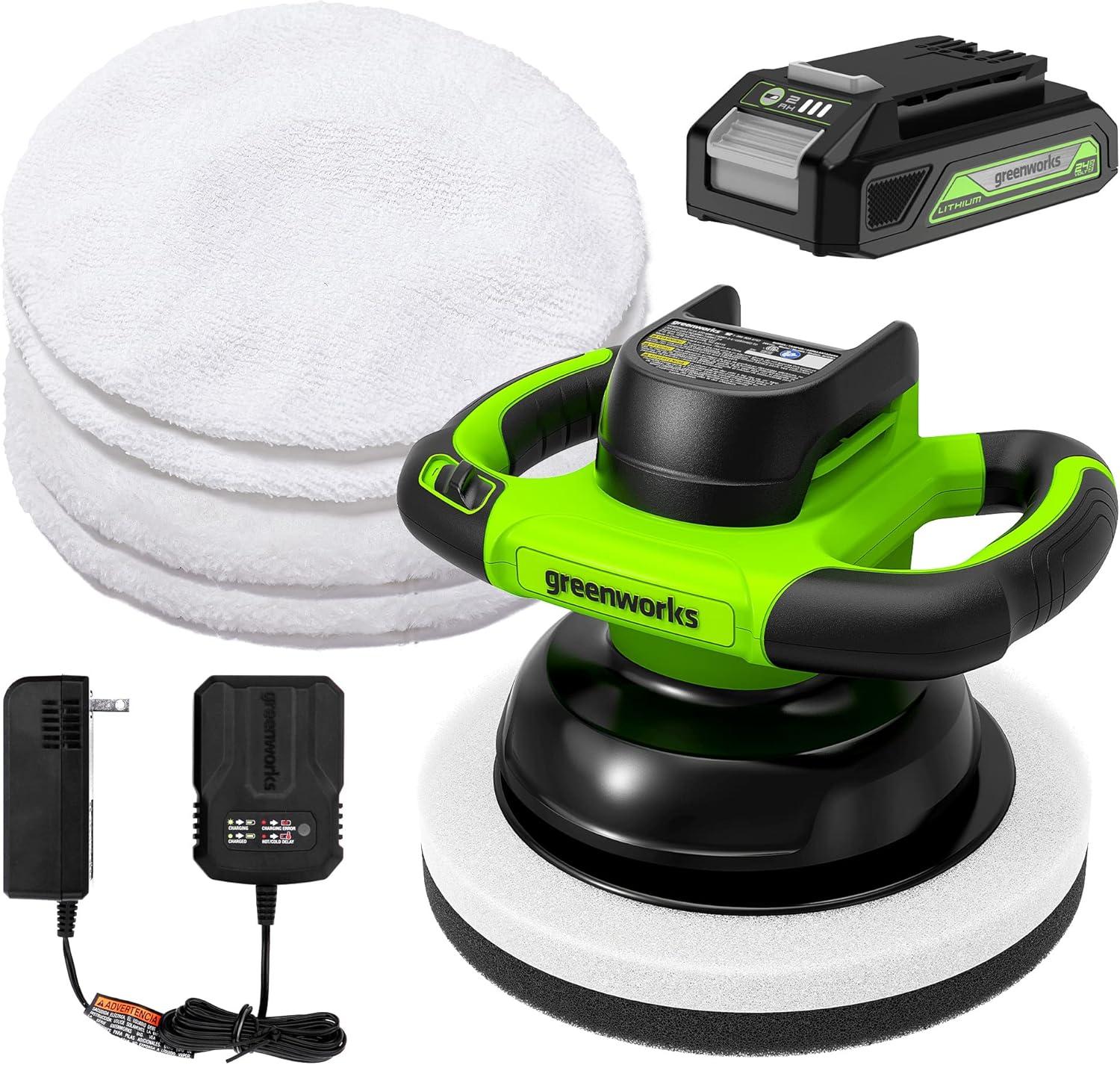 Greenworks 24V Powerful 10" Cordless Orbital Buffer, 10-inch pad 2800 RPM waxing machine with 4 Buffing Bonnets, 2.0Ah Battery & 2A Charger included