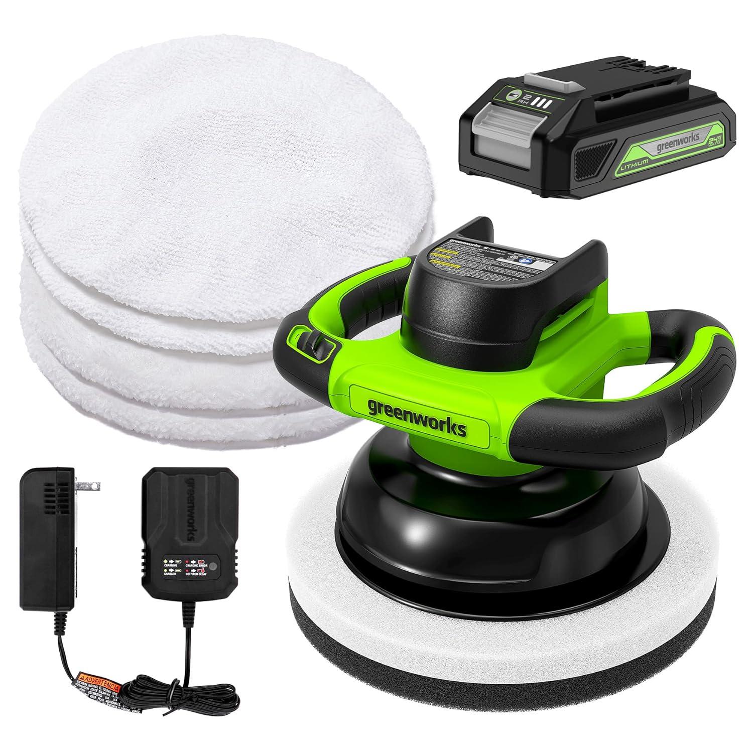 Greenworks 24V Powerful 10" Cordless Orbital Buffer, 10-inch pad 2800 RPM waxing machine with 4 Buffing Bonnets, 2.0Ah Battery & 2A Charger included