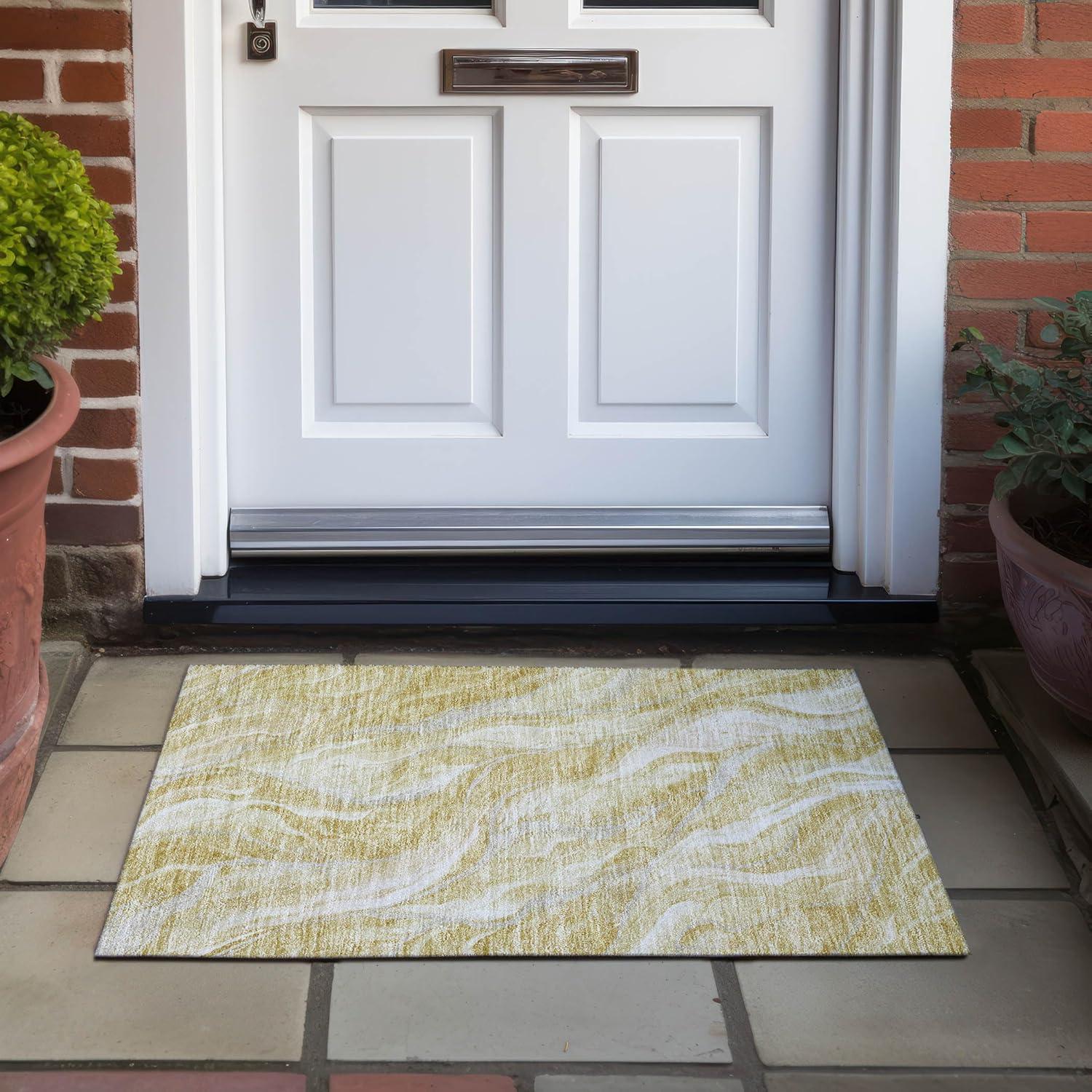 Gold and Beige Synthetic Flat Woven Indoor Outdoor Rug