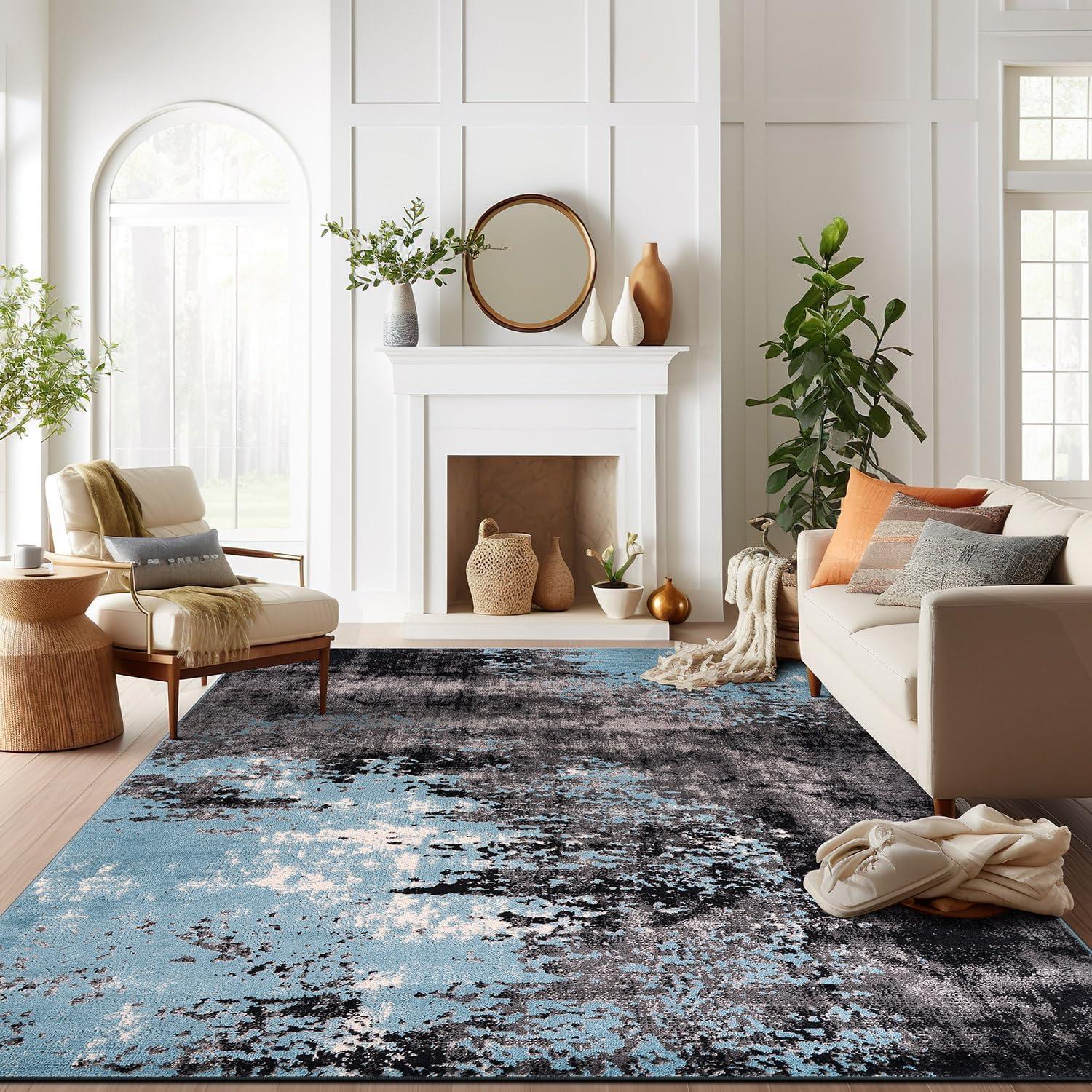 Blue and Gray Abstract 8' x 10' Synthetic Area Rug