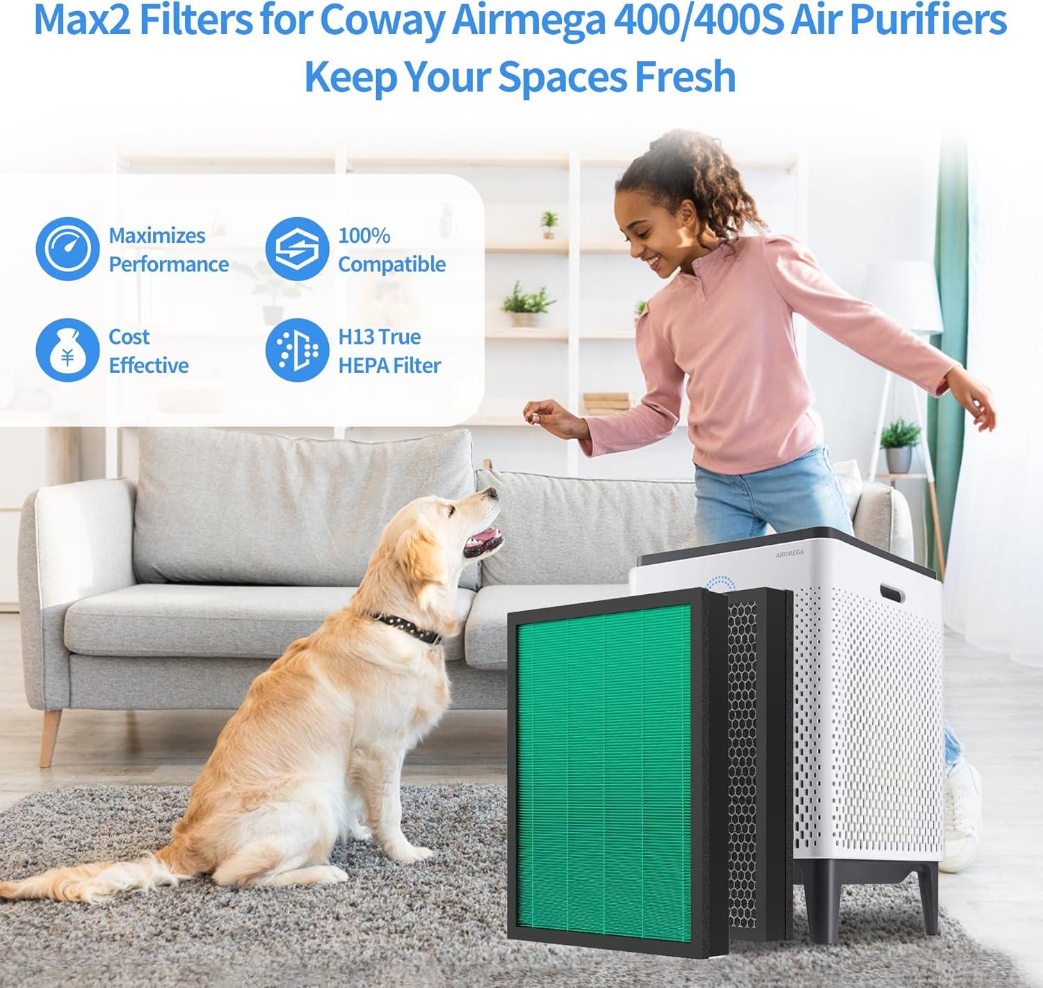 Coway Replacement Max2 Filter Set for Airmega 400 Series: True HEPA, Captures Smoke & Dust, Compatible with Coway Purifiers