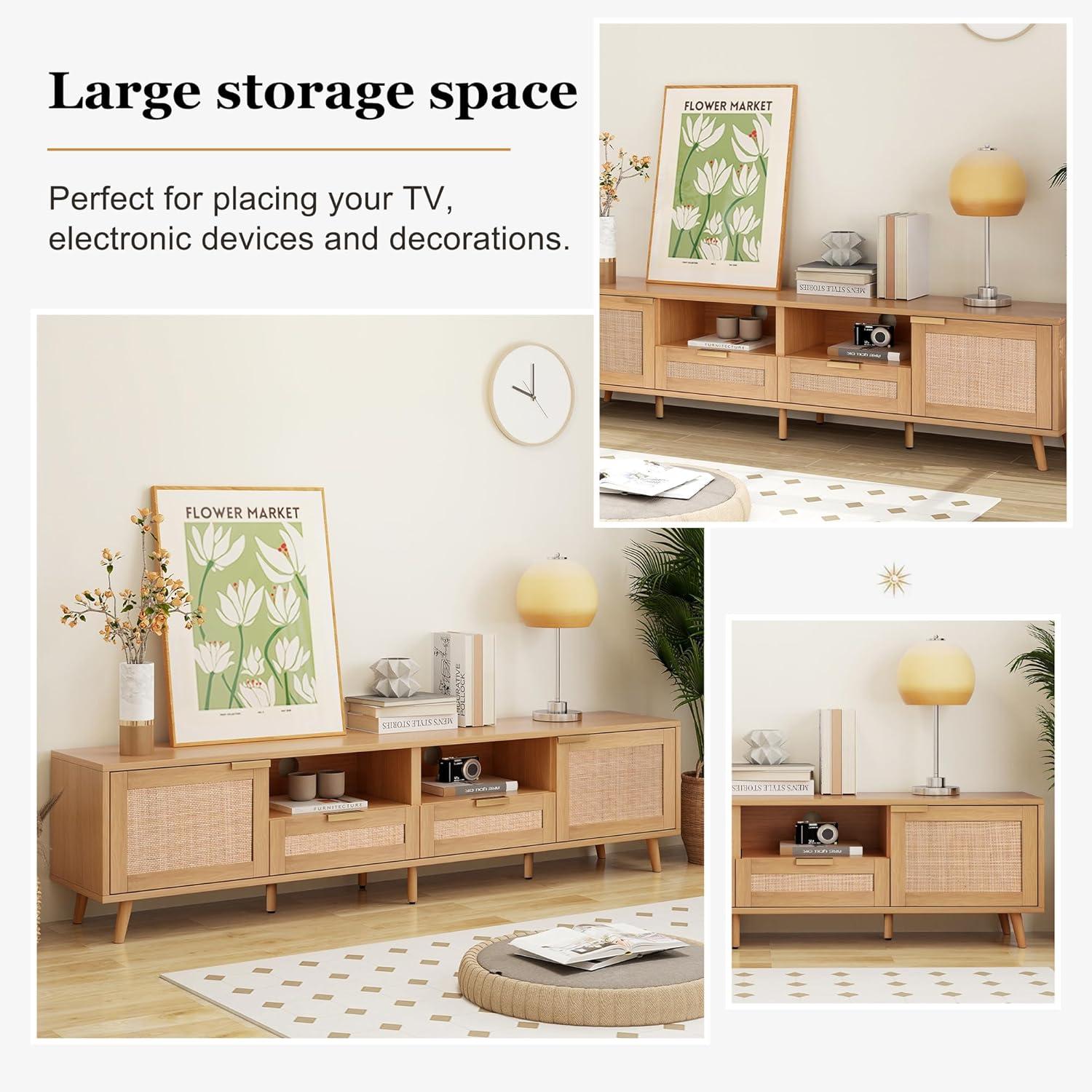 Rattan TV Stand for 85''+ TV, Mid Century Modern Entertainment Center with Rattan Decor Doors, Wood TV Console with 2 Doors & 2 Open Shelves & Drawers for Living Room, Bedroom, Natural