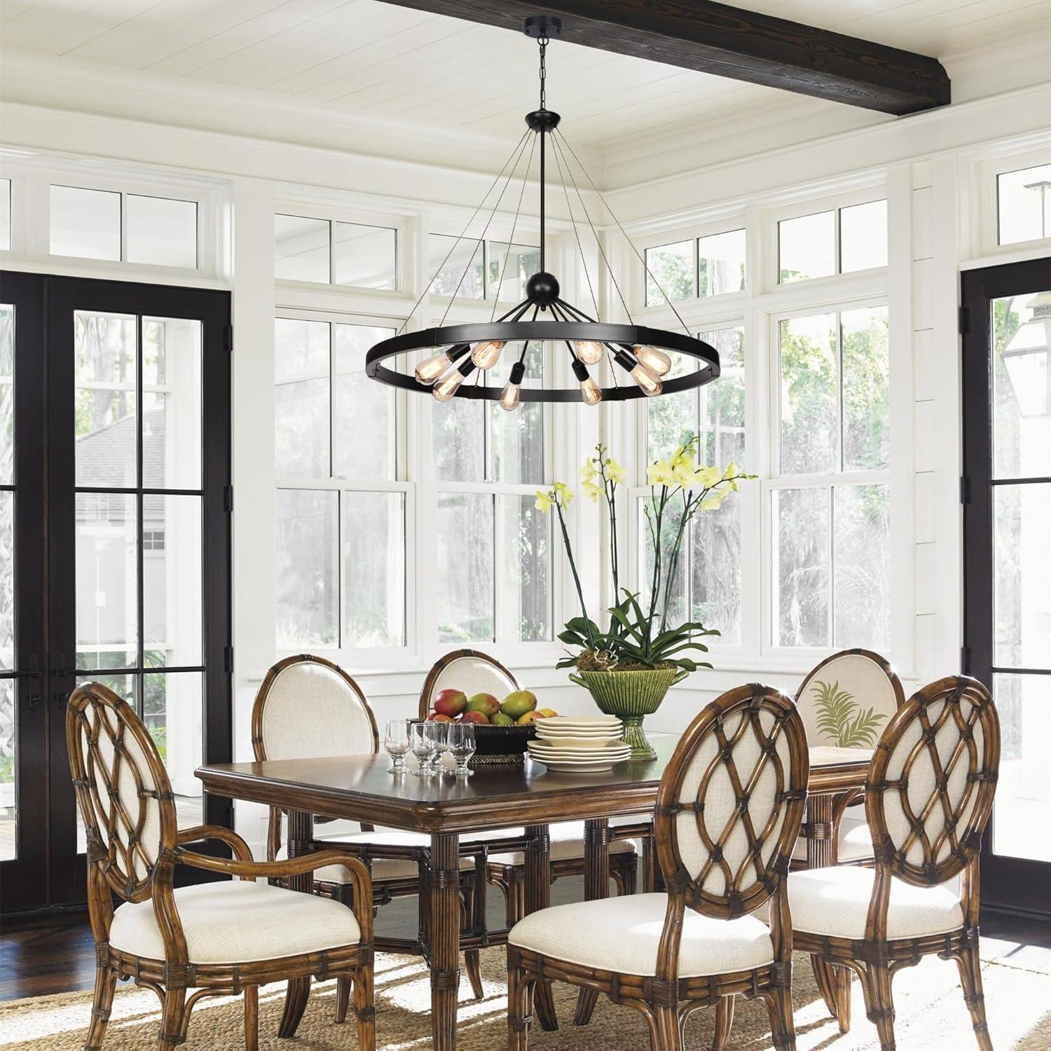 8-Light Farmhouse Black Wagon Wheel Chandelier with Adjustable Chain for Study Dining Room Kitchen