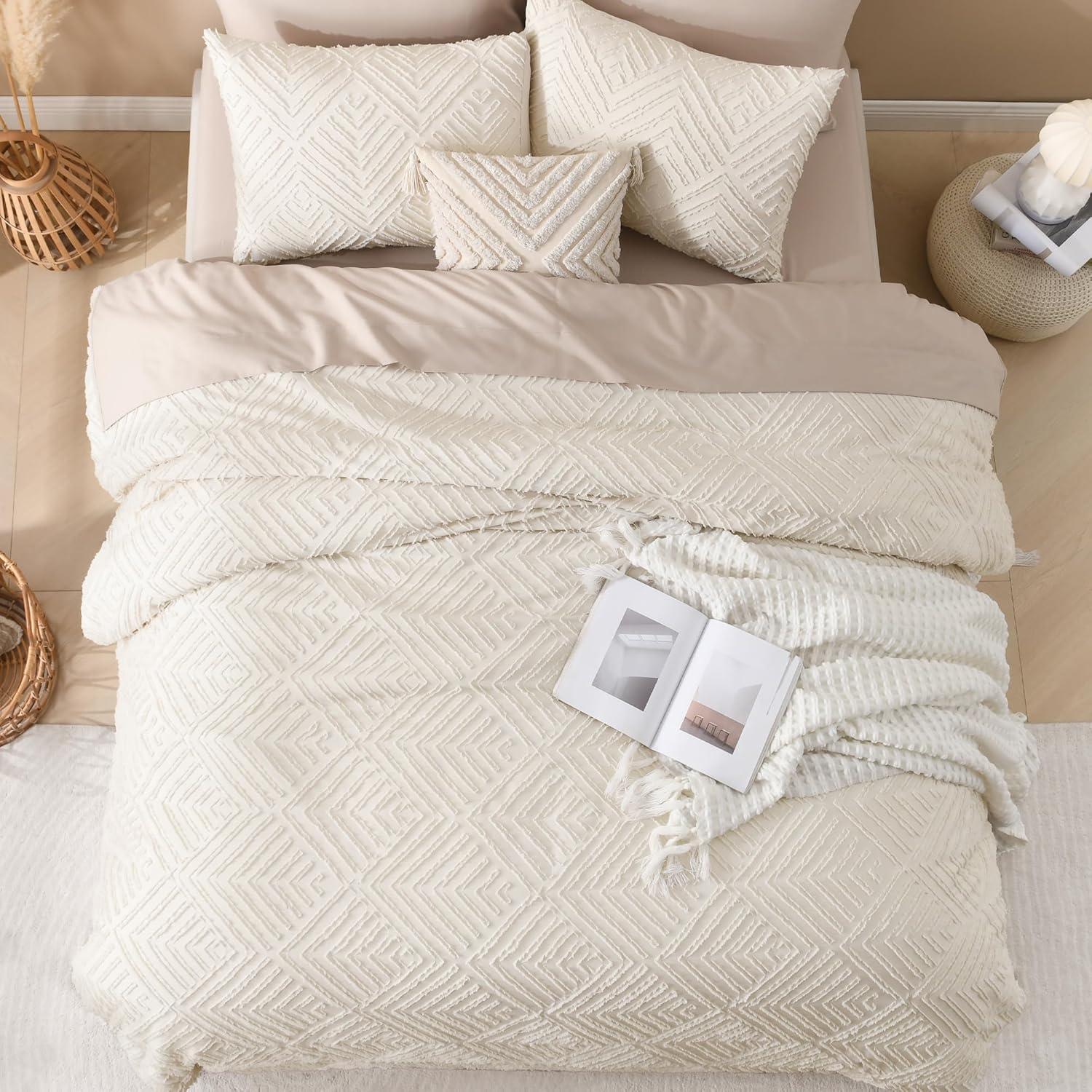 Beige Full Size Chevron Tufted Microfiber Comforter Set