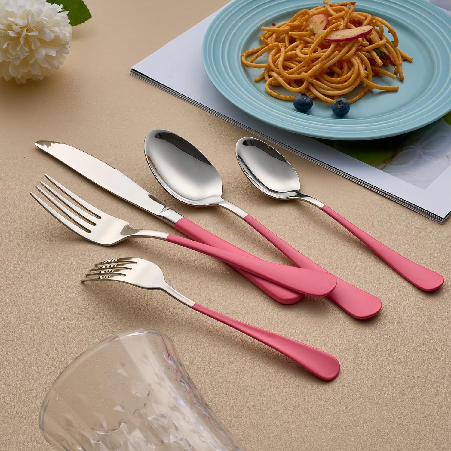 20-Piece Pink Silverware Set for 4, 18/0 Stainless Steel Flatware Cutlery Utensils Set, Include Dinner Knives,Dinner Forks,Dinner Spoons,Salad Forks,Teaspoons,Dishwasher Safe