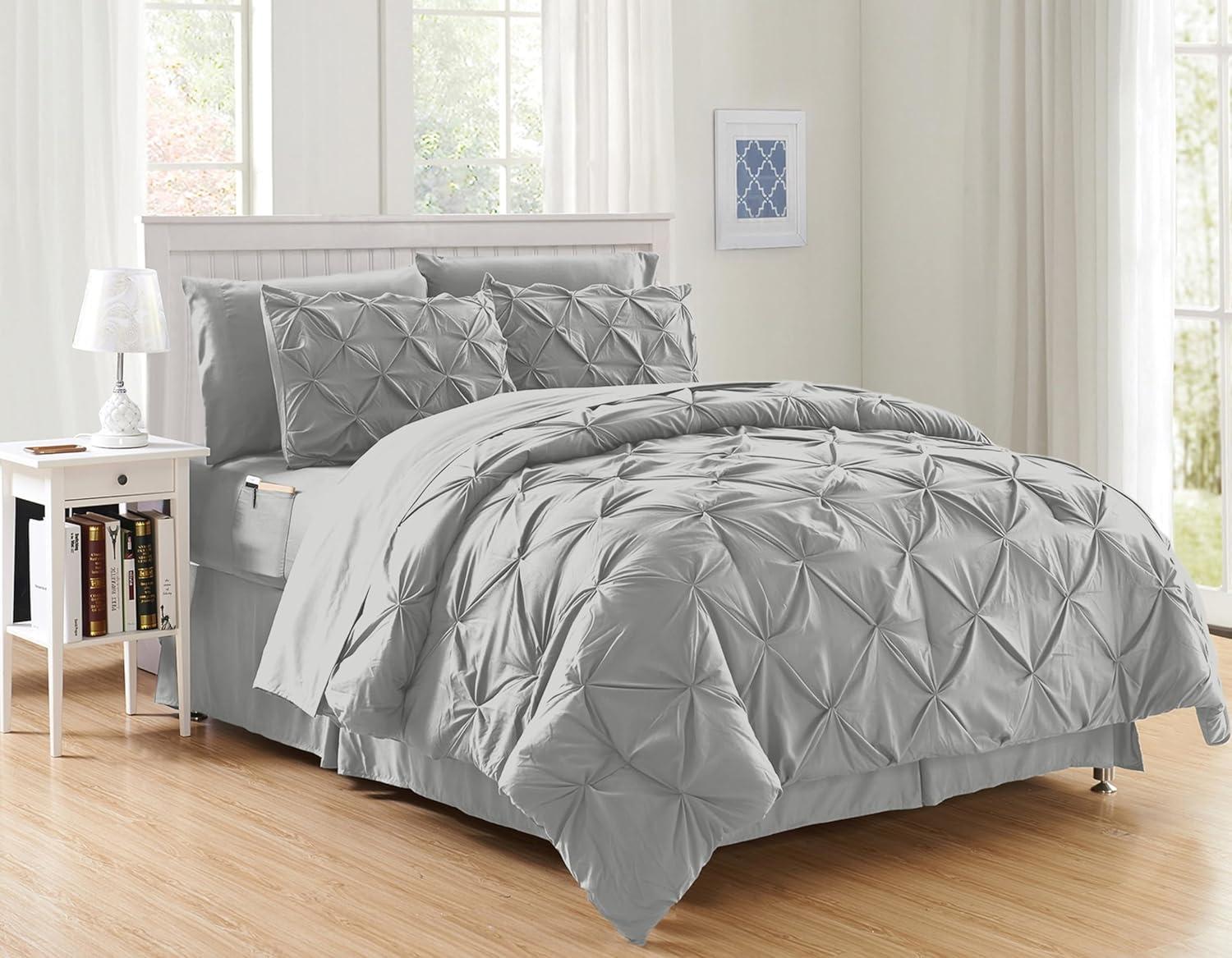 Elegant Comfort 8-Piece Pinch Pleated Comforter Set - All Season Bed in a Bag, Includes Smart Sheet Set, Bed Skirt, Comforter, Pillowcases & Shams, Twin/Twin XL, Light Gray