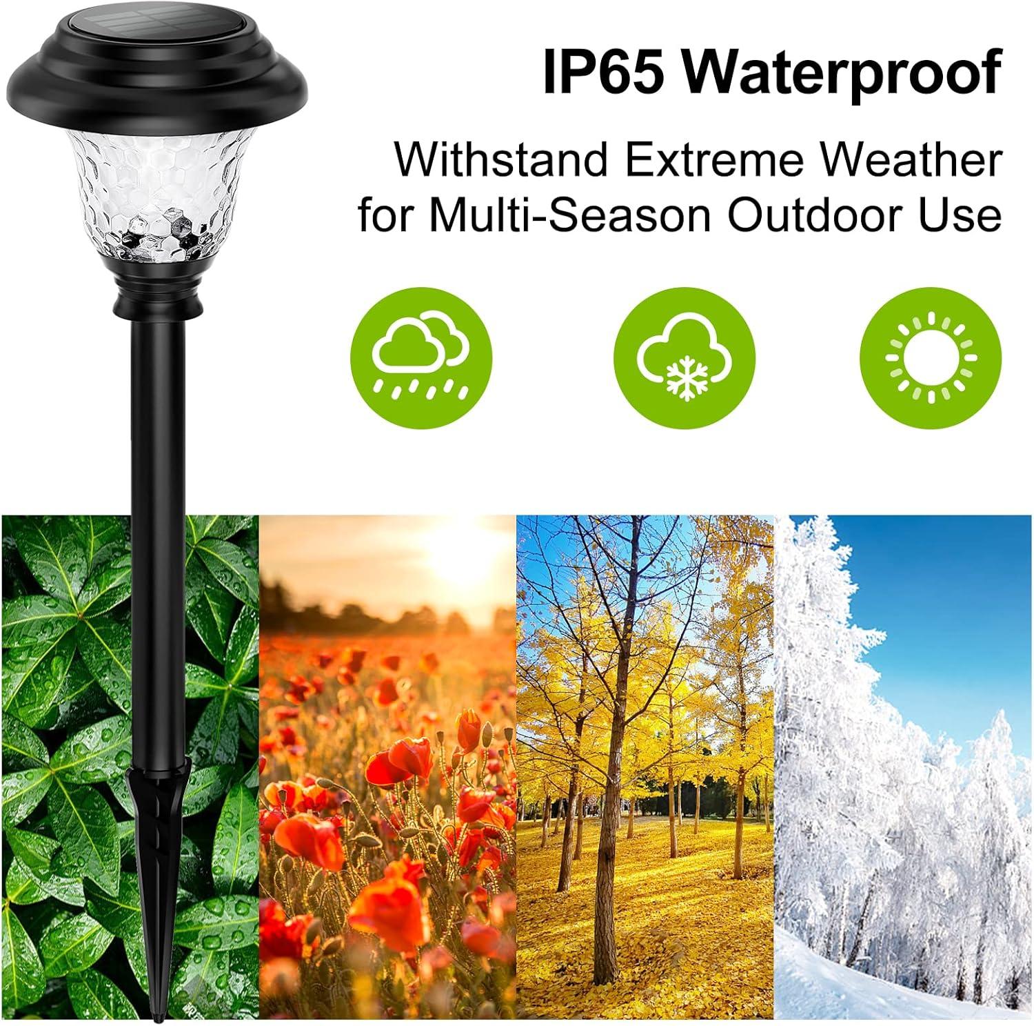 Glass Solar Lights Outdoor, 8 Pack Super Bright Solar Pathway Lights, Up to 12 Hrs Long Last Auto On/Off Garden Lights Solar Powered Waterproof, Stainless Steel LED Landscape Lighting for Yard